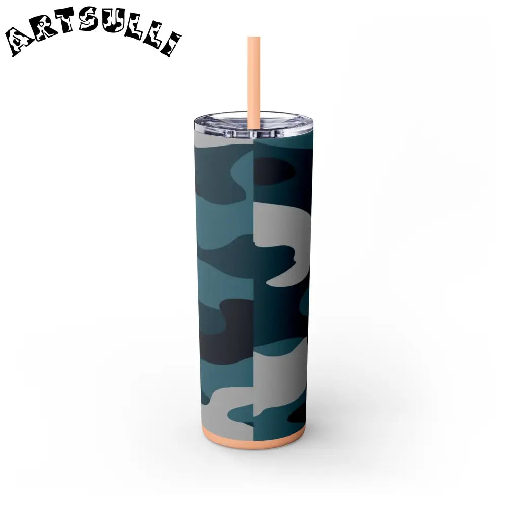 JAKKOUTTHEBXX Blue Camouflage Skinny Tumbler with Straw 20oz