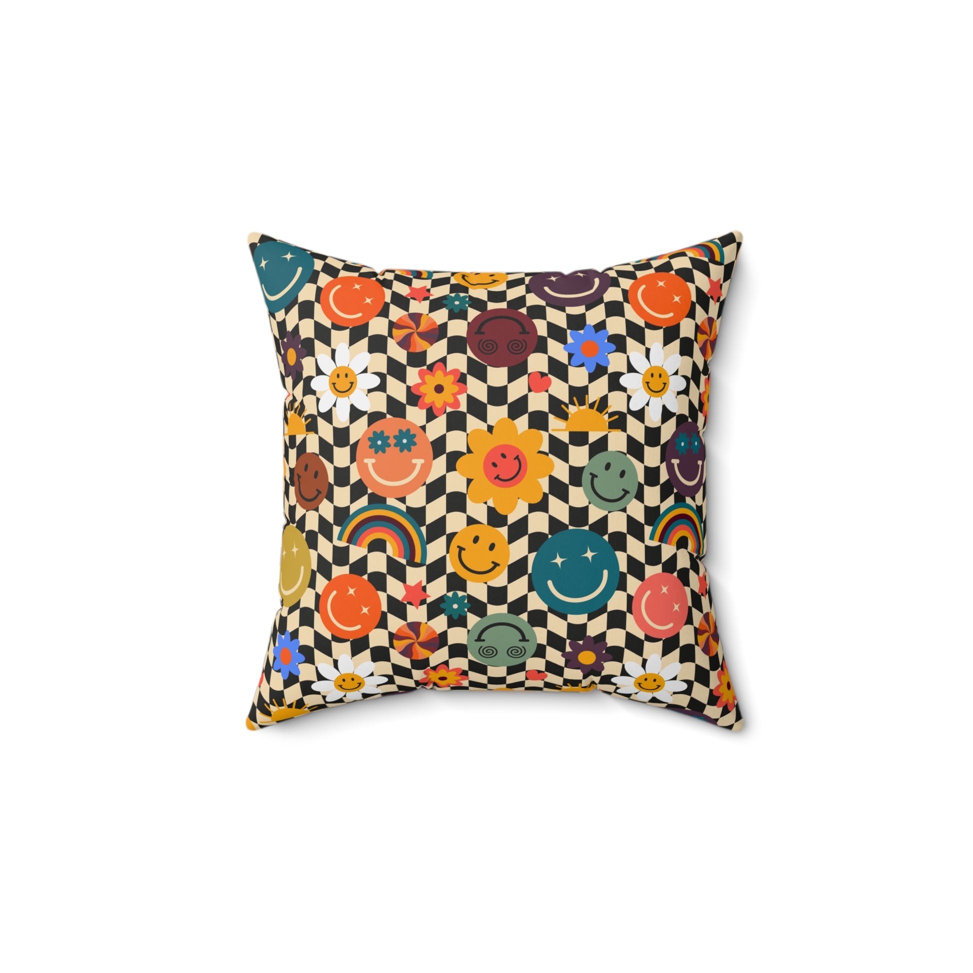 Trippy x Wavy Checkerboard x Smiley Face x Rainbow x Flowers Multi-Color Spun Polyester Square Pillow, Artsulli - Art is Long, Life is Short, Home Decor, , , , , , , 