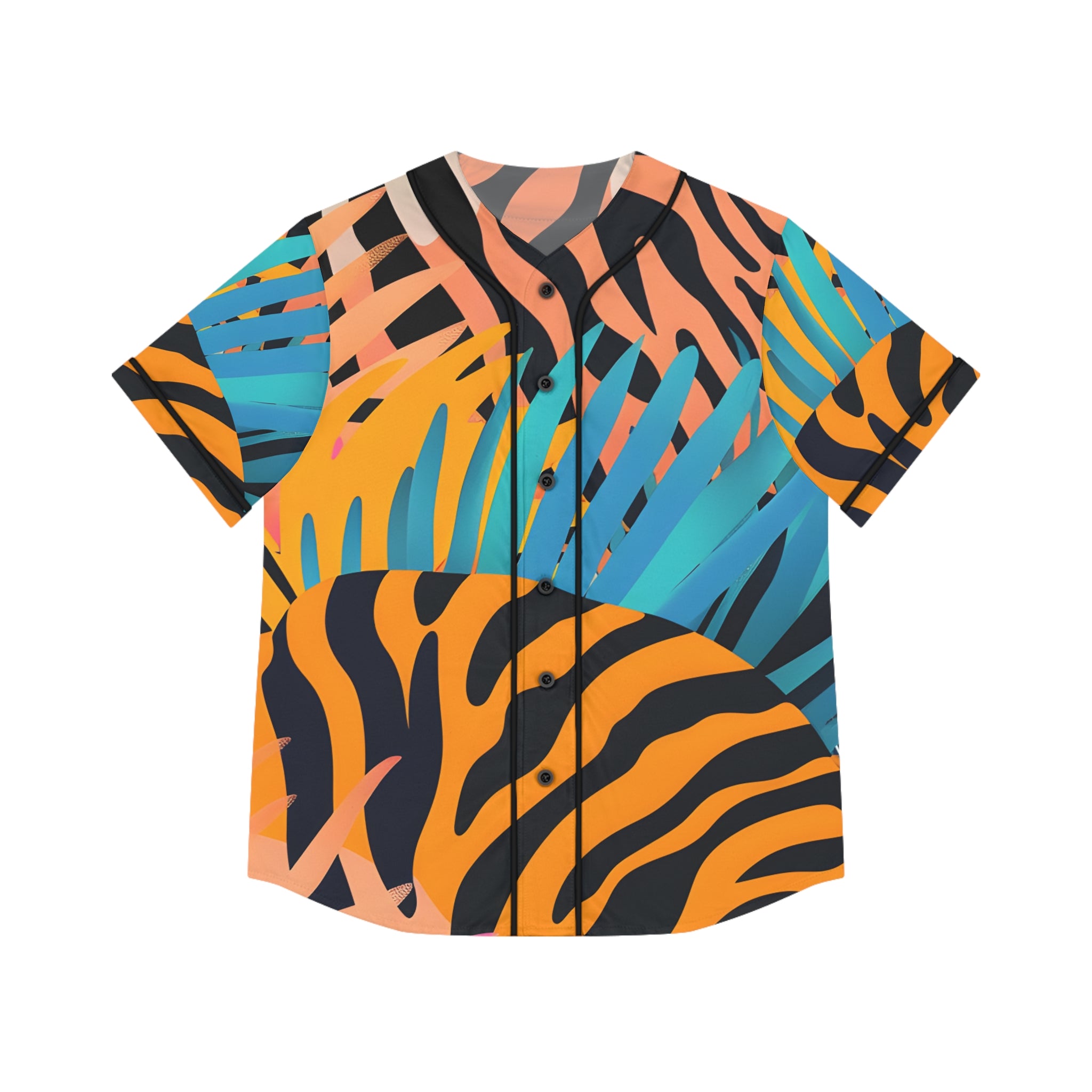 Palm Leaves x Zebra Stripes x  Tiger Stripes Orange and Blue  Women's Baseball Jersey (AOP), Artsulli - Art is Long, Life is Short, All Over Prints, Size, XS, Color, Black, , , 90367907758404