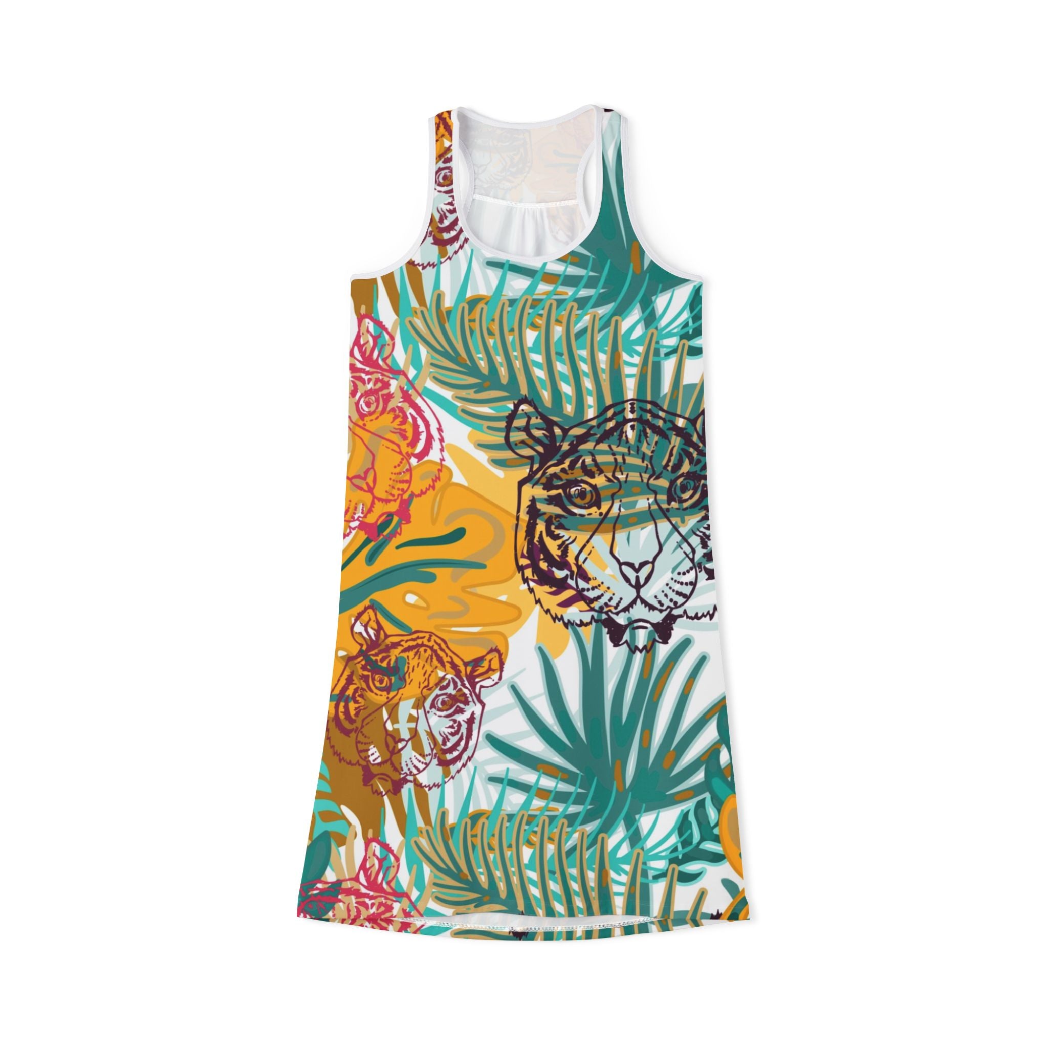 Tropical Jungle Tigers Brown and Green Women's Racerback Dress (AOP), Artsulli - Art is Long, Life is Short, Tank Top, Size, XS, Color, White, , , 14592815551331