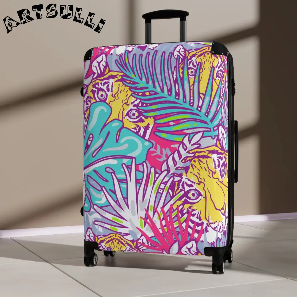 JAKKOUTTHEBXX Tropical Floral Tigers Torquise and Purple Suitcase