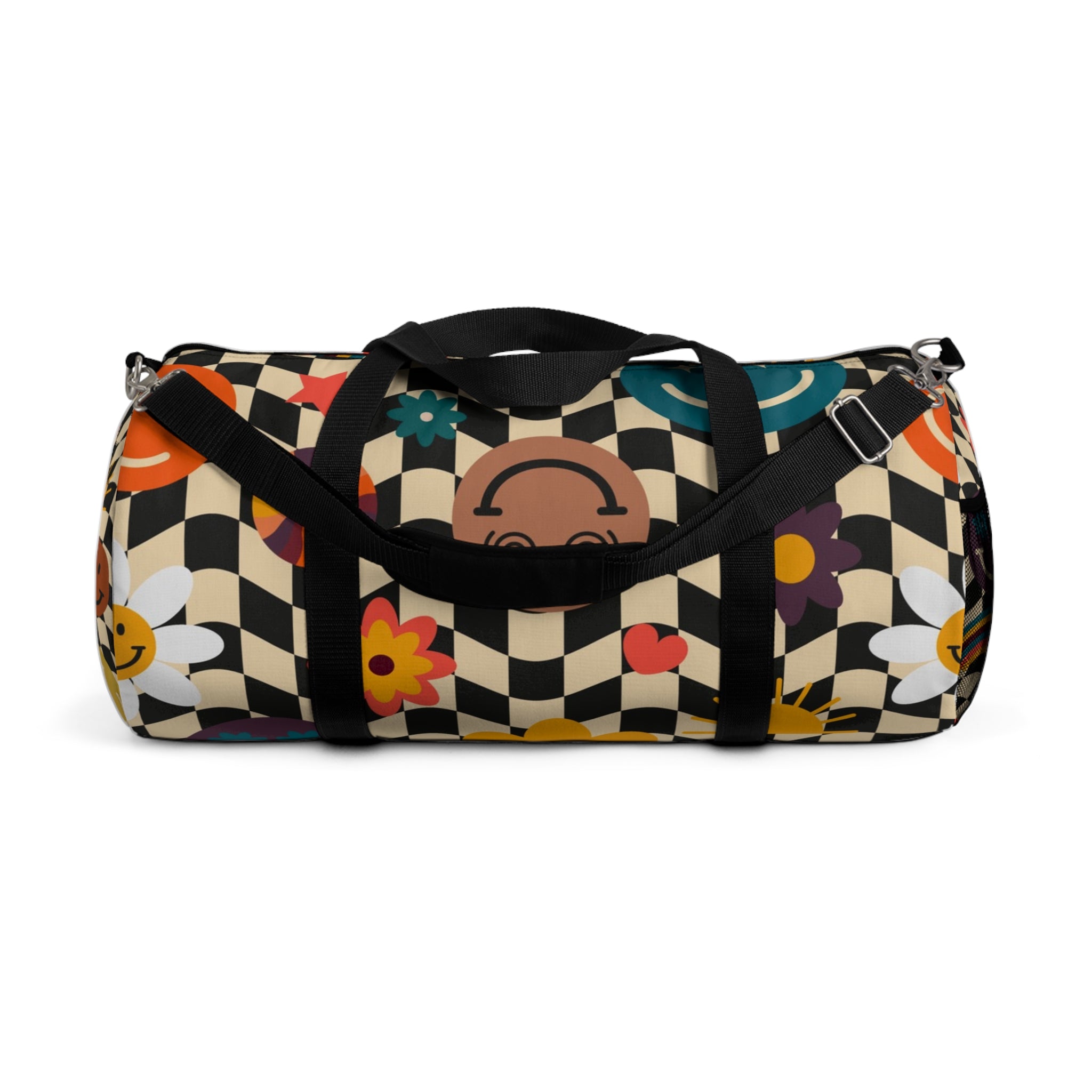 Trippy x Wavy Checkerboard x Smiley Face x Rainbow x Flowers Multi-Color Duffel Bag, Artsulli - Art is Long, Life is Short, Bags, Size, Large, , , , , 19606966645144639660