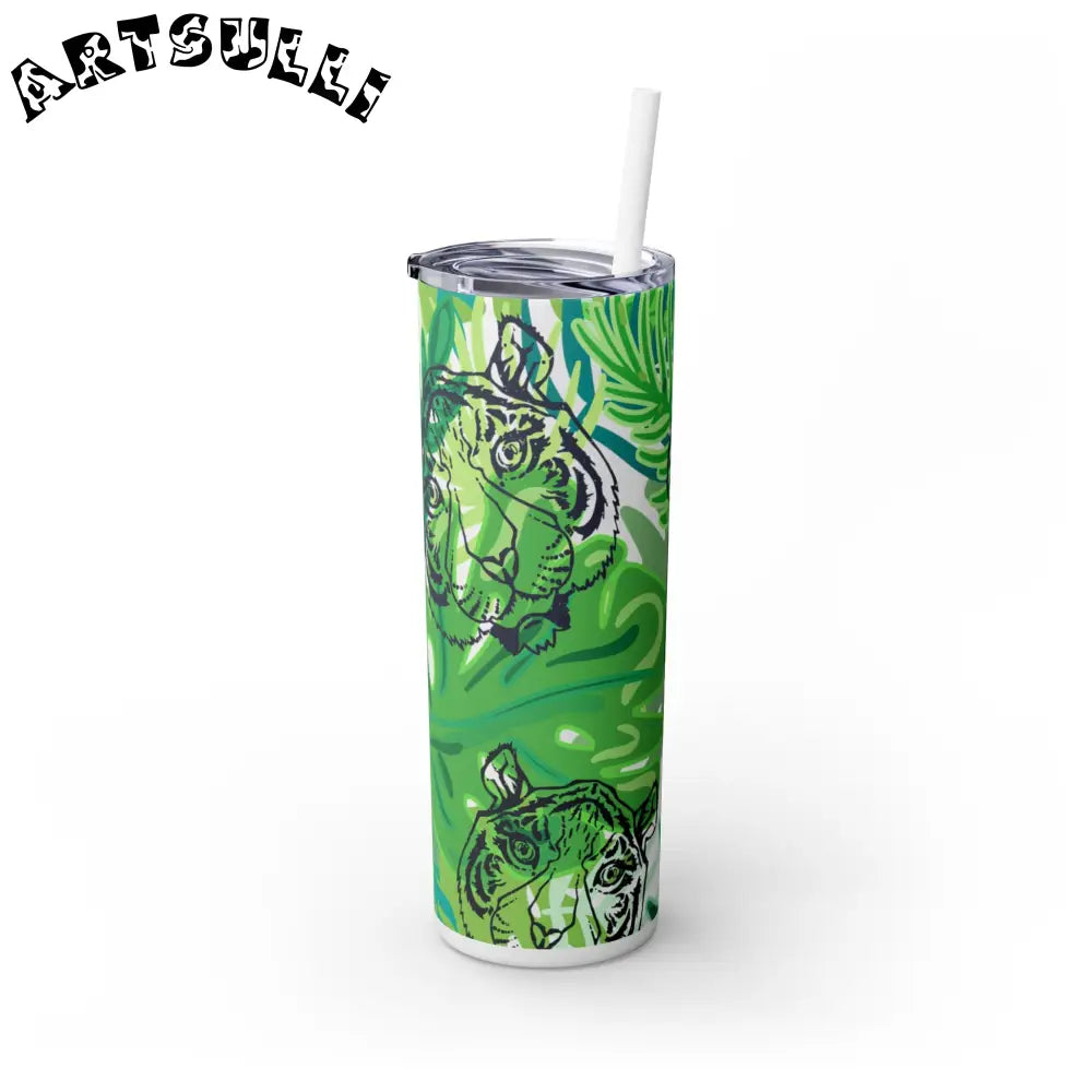 JAKKOUTTHEBXX Tropical Jungle Tigers Green Skinny Tumbler with Straw