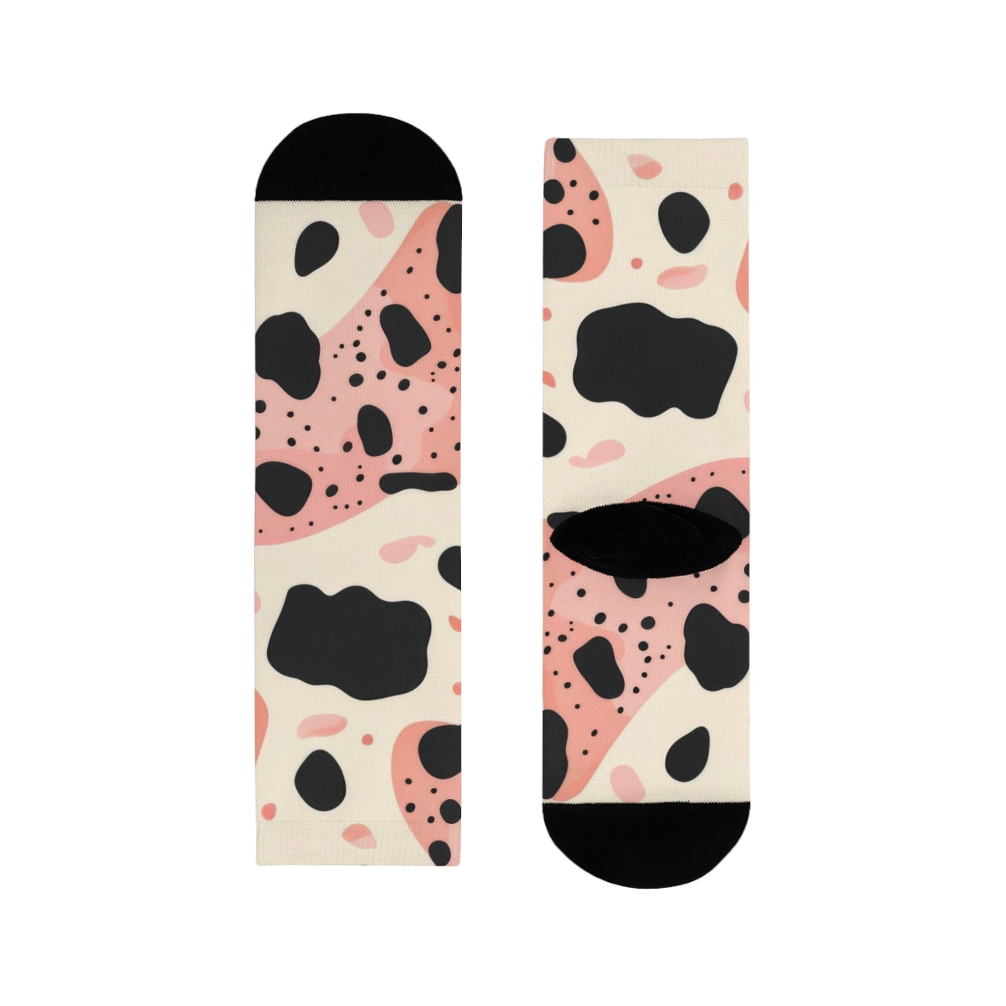 Organic Cow Print Cream and Pink Sublimation Crew Socks (EU), Artsulli - Art is Long, Life is Short, All Over Prints, Size, S, , , , , 85934758660647