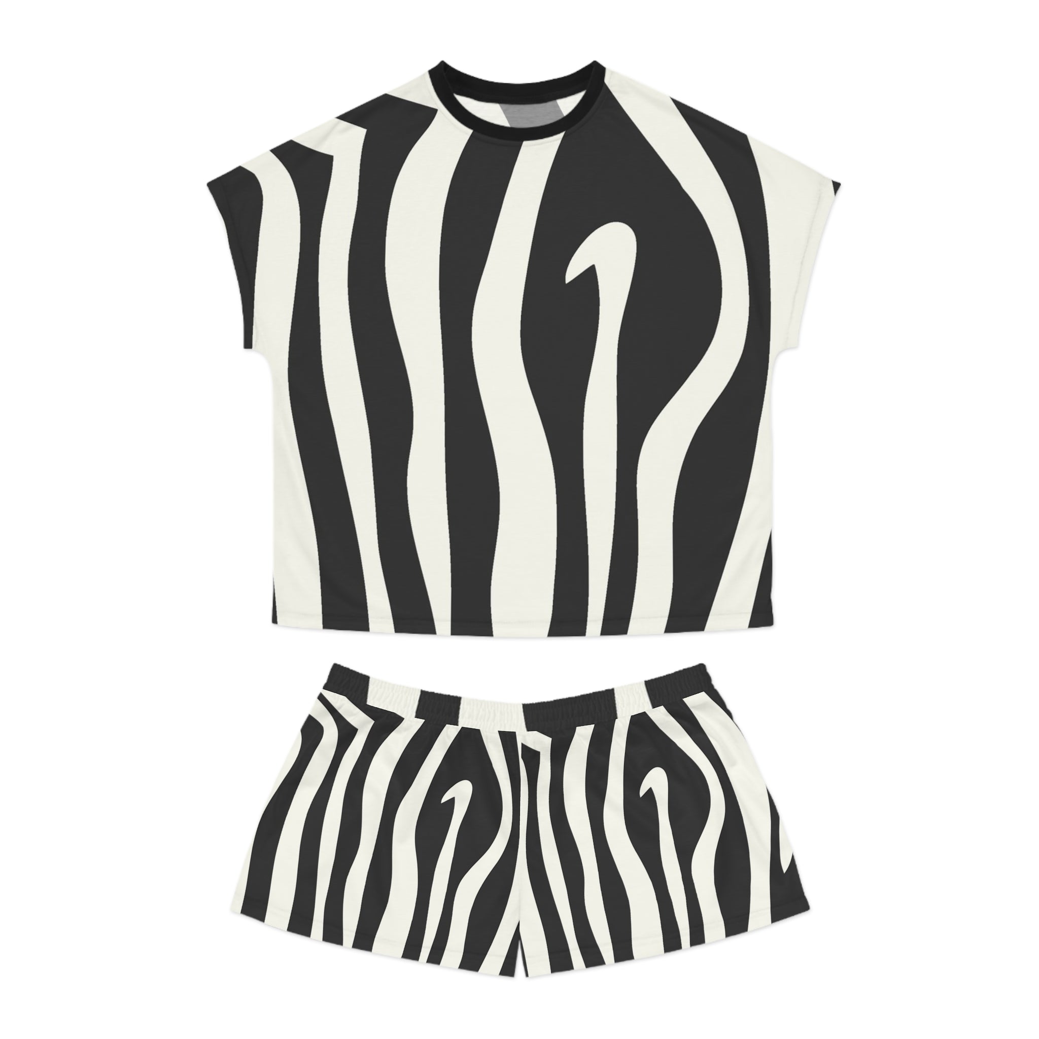 Melting Zebra Stripes Black and White Women's Short Pajama Set (AOP), Artsulli - Art is Long, Life is Short, All Over Prints, Size, S, Color, Black, , , 70629212826496