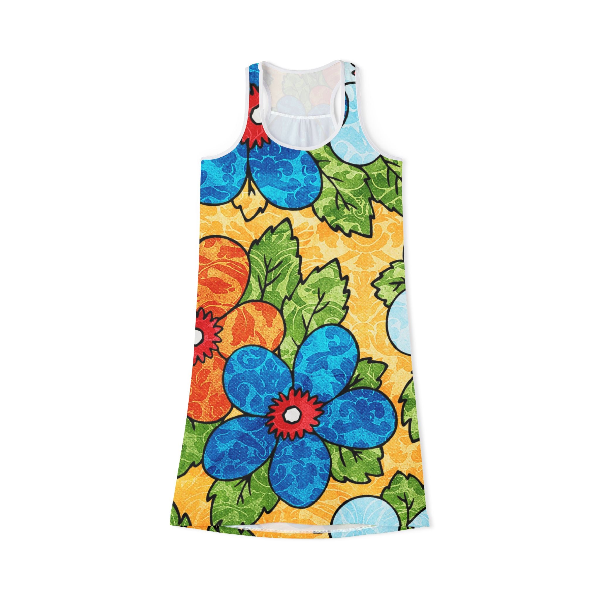 Groovy Yellow Floral Kl Women's Racerback Dress (AOP), Artsulli - Art is Long, Life is Short, Tank Top, Size, XS, Color, White, , , 54973452782402063010