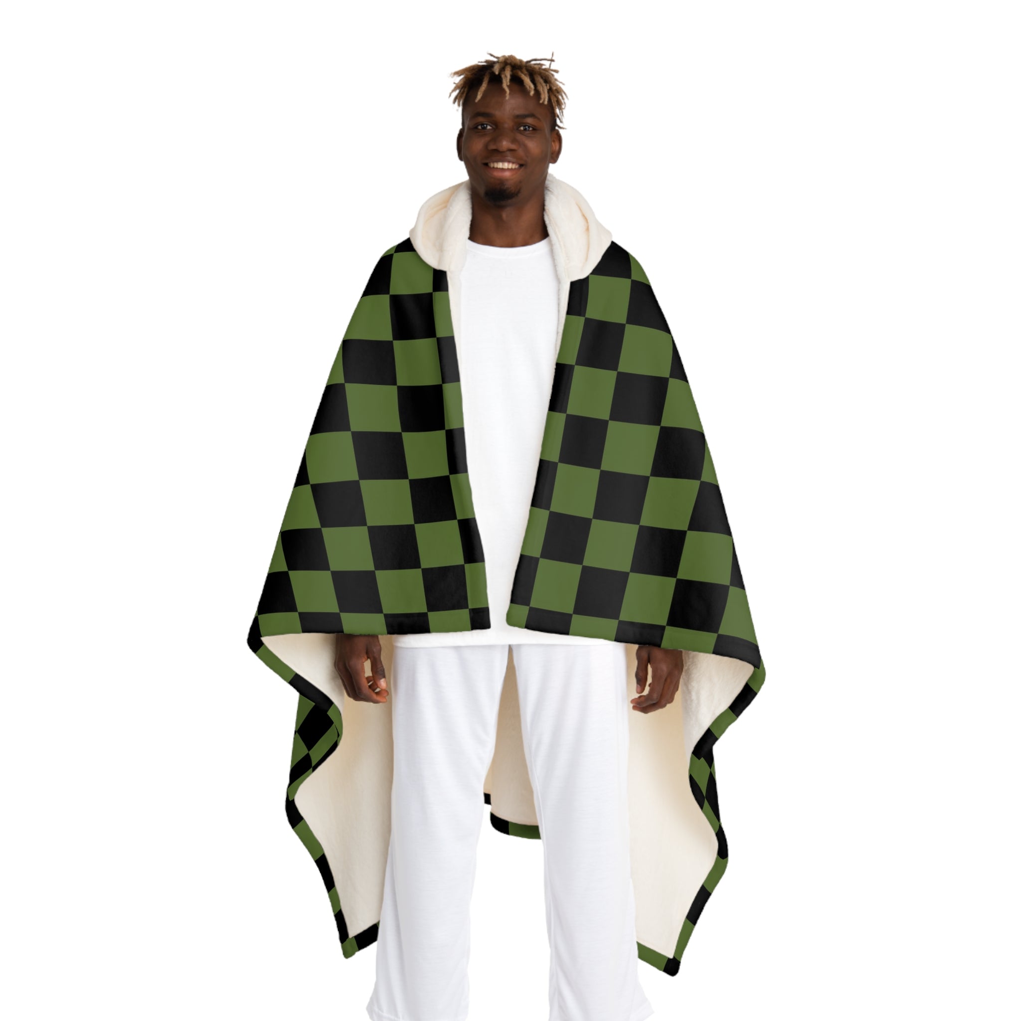 Checkerboard II Olive Green and Black Hooded Sherpa Fleece Blanket, Artsulli - Art is Long, Life is Short, All Over Prints, Size, One size, Color, Cream, , , 18235352017497329323