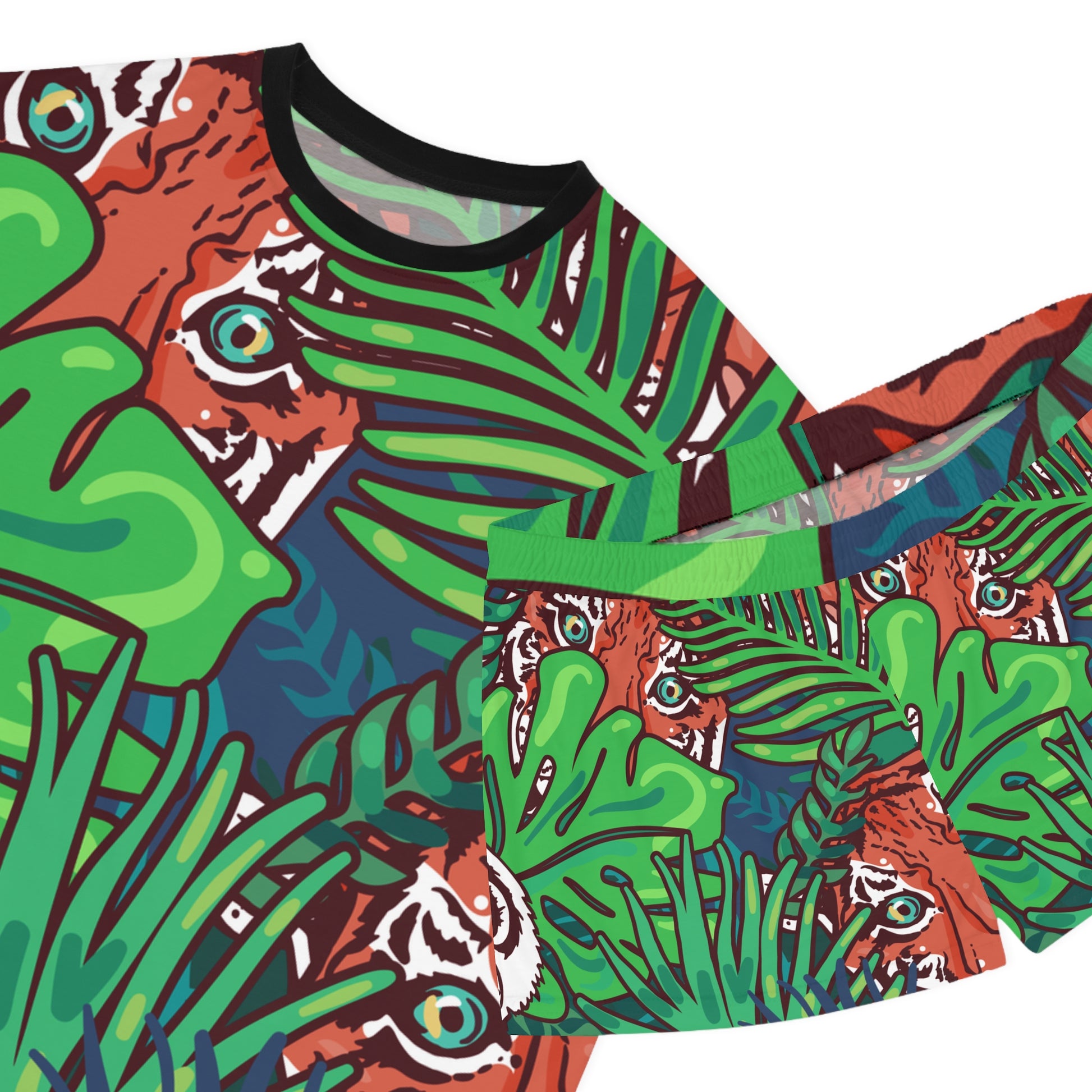 Tropical Jungle Tigers Blue and Green Women's Short Pajama Set (AOP), Artsulli - Art is Long, Life is Short, All Over Prints, , , , , , , 