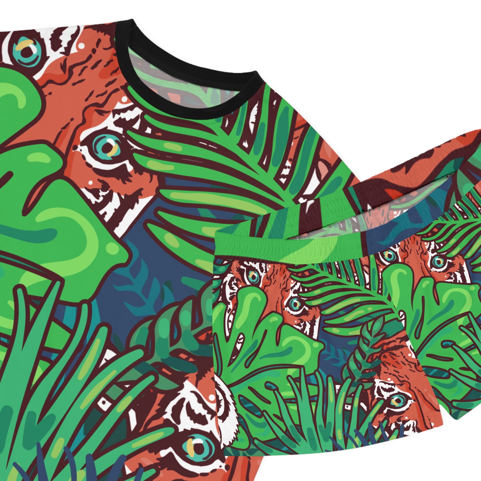 Tropical Jungle Tigers Blue and Green Women's Short Pajama Set (AOP), Artsulli - Art is Long, Life is Short, All Over Prints, , , , , , , 