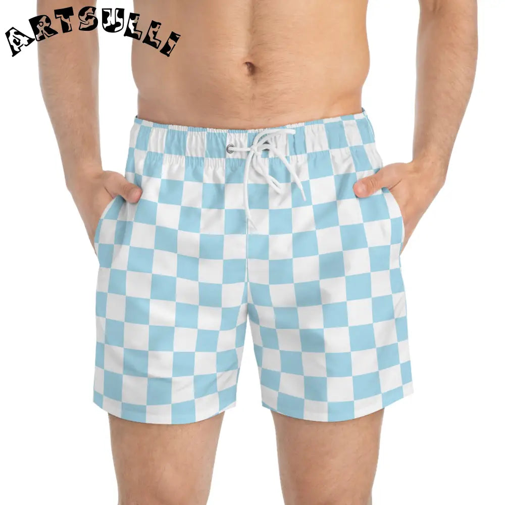 JAKKOUTTHEBXX Checkerboard Sky Blue Swim Trunks (AOP) JAKKOUTTHEBXX