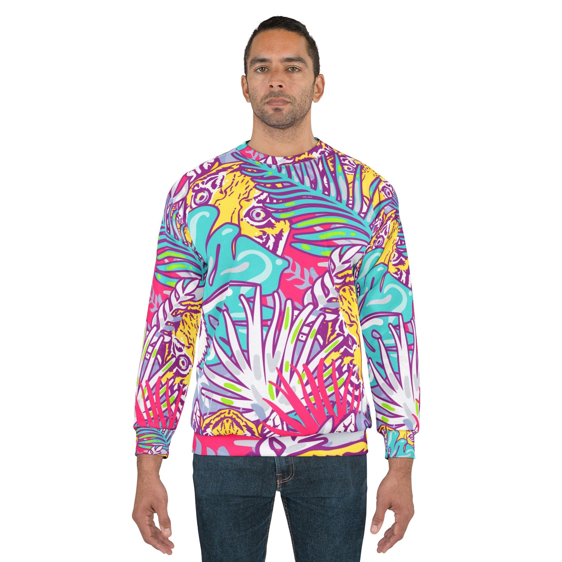 Tropical Floral Tigers Torquise and Purple Unisex Sweatshirt (AOP), Artsulli - Art is Long, Life is Short, All Over Prints, , , , , , , 