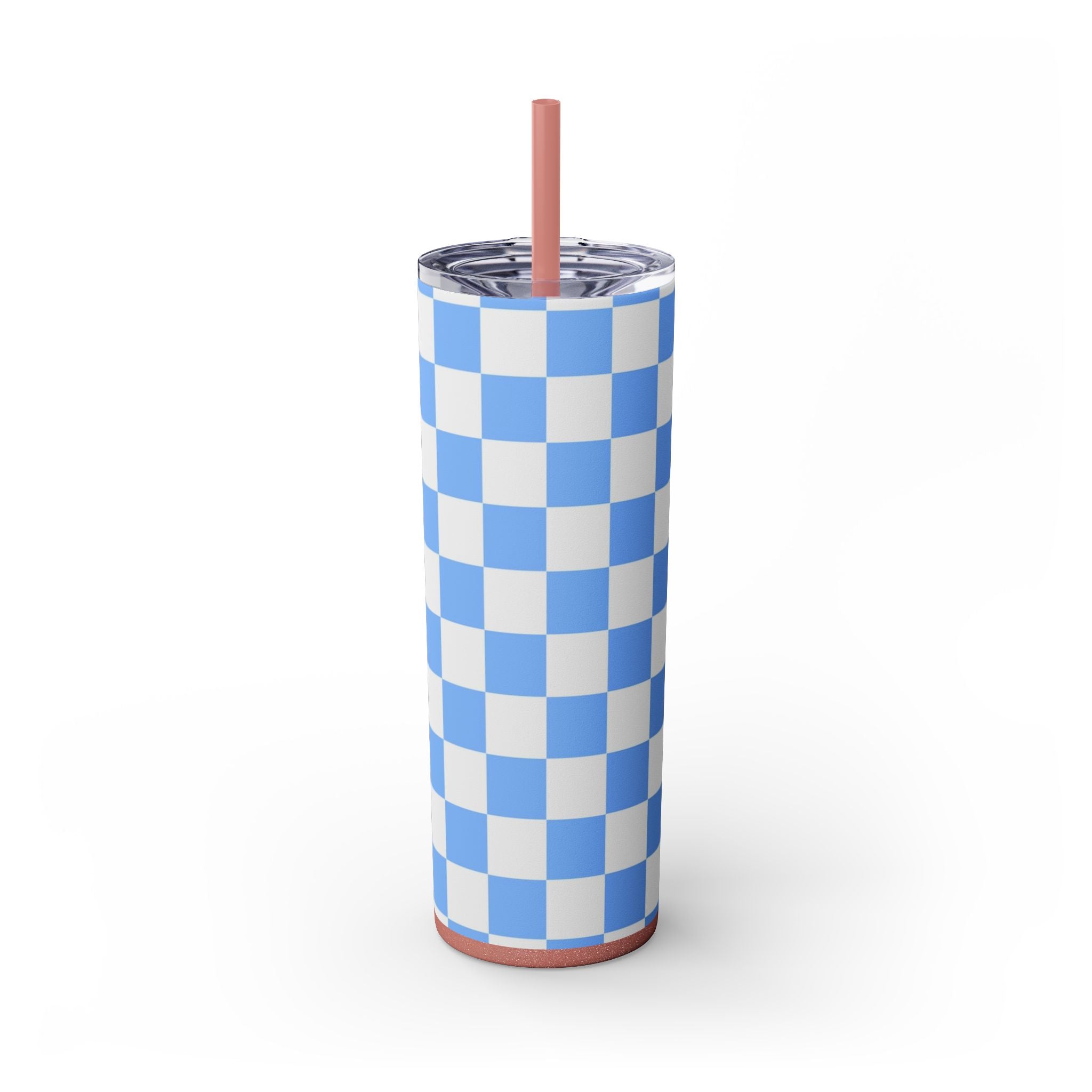 Checkerboard White and Light Blue Skinny Tumbler with Straw, 20oz, Artsulli - Art is Long, Life is Short, Mug, Finish, Glossy, Color, Glitter Dusty Rose, Size, 20oz, 17474371307282671271