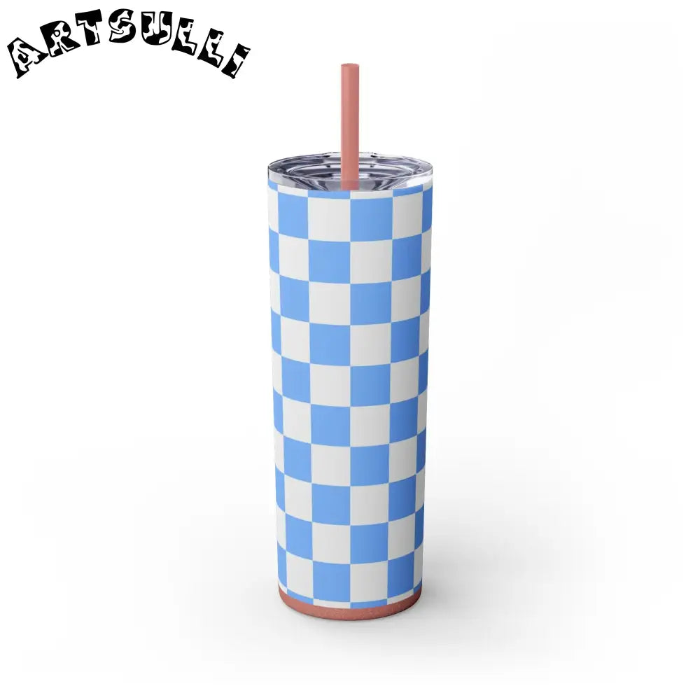 JAKKOUTTHEBXX Checkerboard White and Light Blue Skinny Tumbler