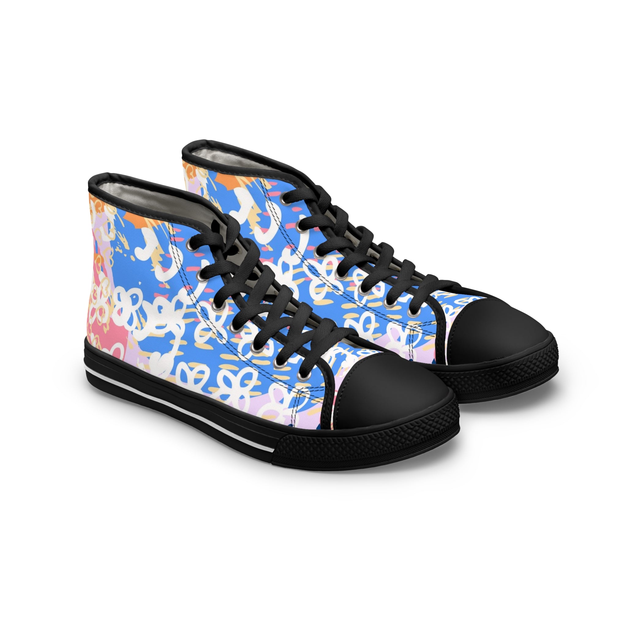 Flowers x Doodles x Hearts Multi-Color Women's High Top Sneakers, Artsulli - Art is Long, Life is Short, Shoes, Size, US 5.5, Color, Black sole, , , 77340893258186762410