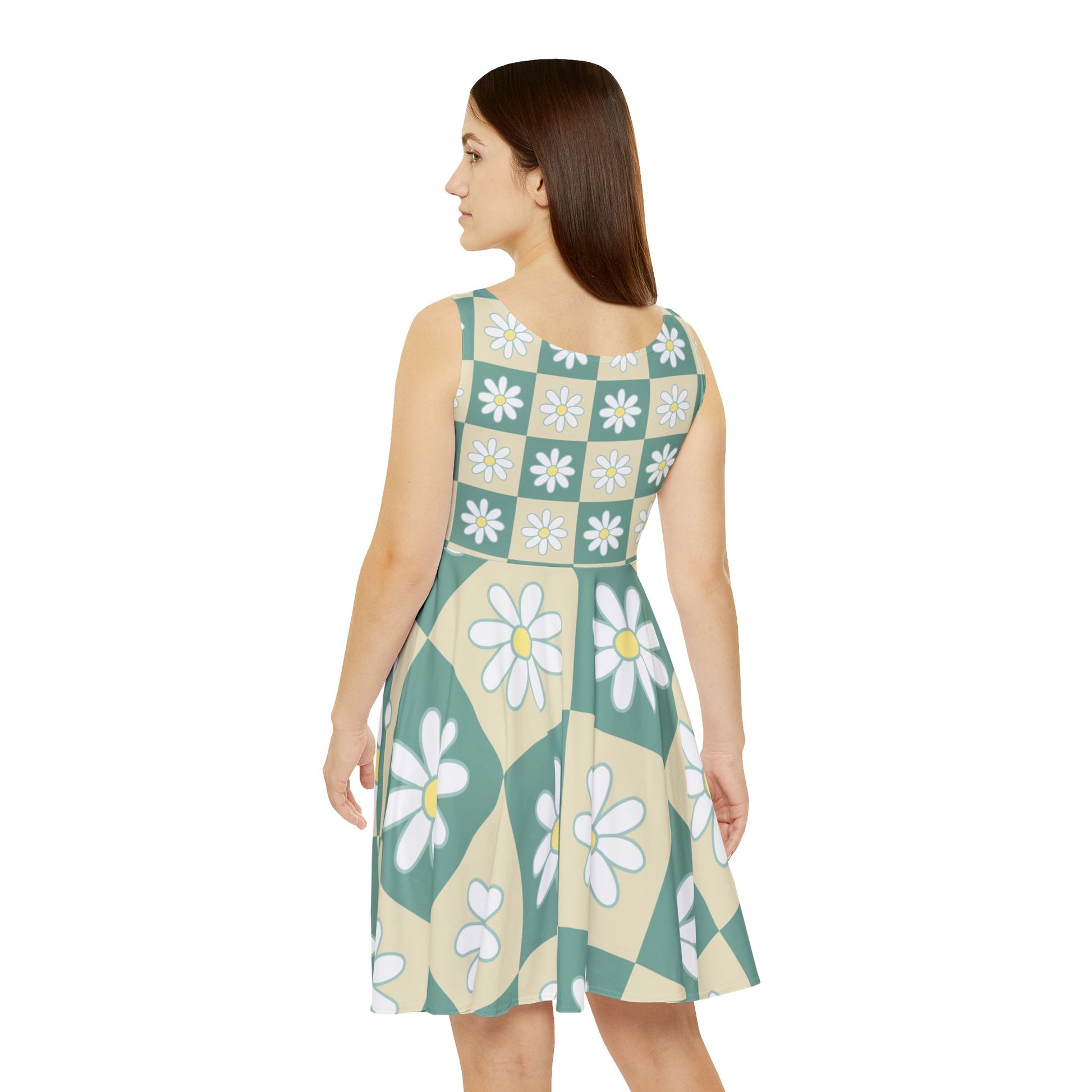 Retro Daisy Grid Retro Daisy Checkerboard Green and Tan Women's Skater Dress (AOP), Artsulli - Art is Long, Life is Short, All Over Prints, , , , , , , 