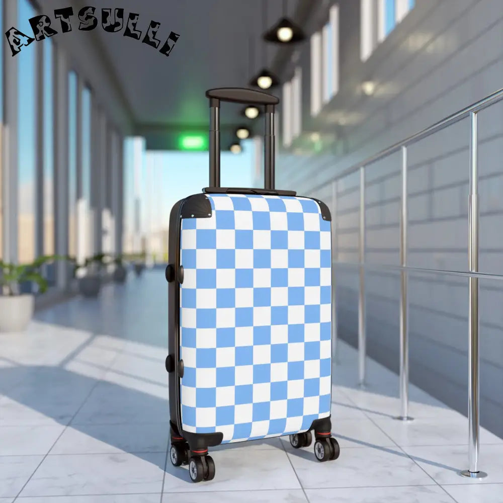 JAKKOUTTHEBXX Checkerboard White and Light Blue Suitcase
