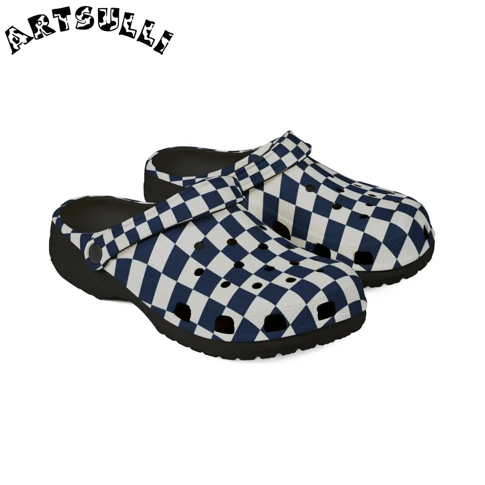 JAKKOUTTHEBXX Checkerboard White and Navy Blue EVA Foam Rubber Shoes