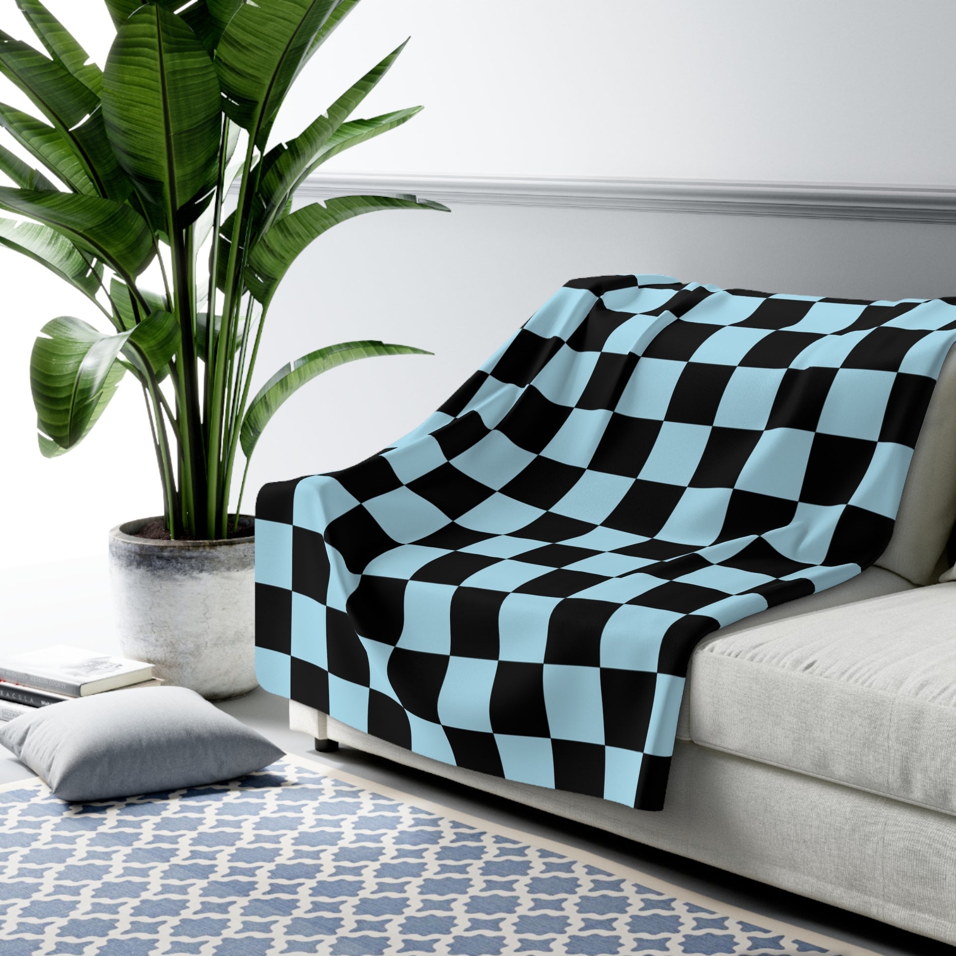 Checkerboard Black and Blue Sherpa Fleece Blanket, Artsulli - Art is Long, Life is Short, Home Decor, , , , , , , 