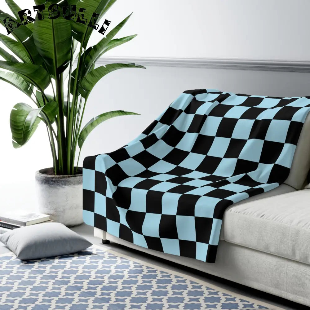 JAKKOUTTHEBXX Checkerboard Black and Blue Sherpa Fleece Blanket