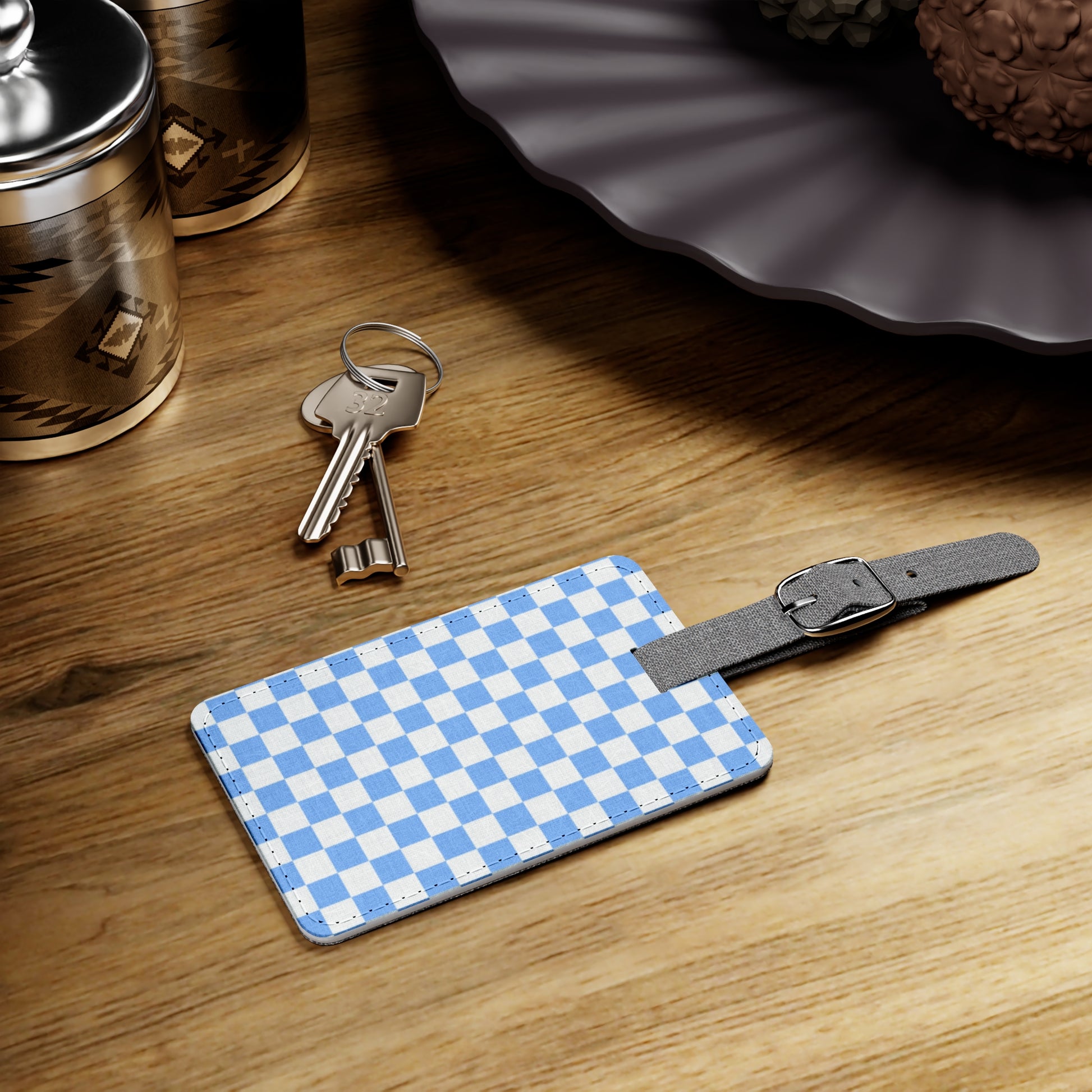 Checkerboard White and Light Blue Saffiano Polyester Luggage Tag, Rectangle, Artsulli - Art is Long, Life is Short, Accessories, , , , , , , 
