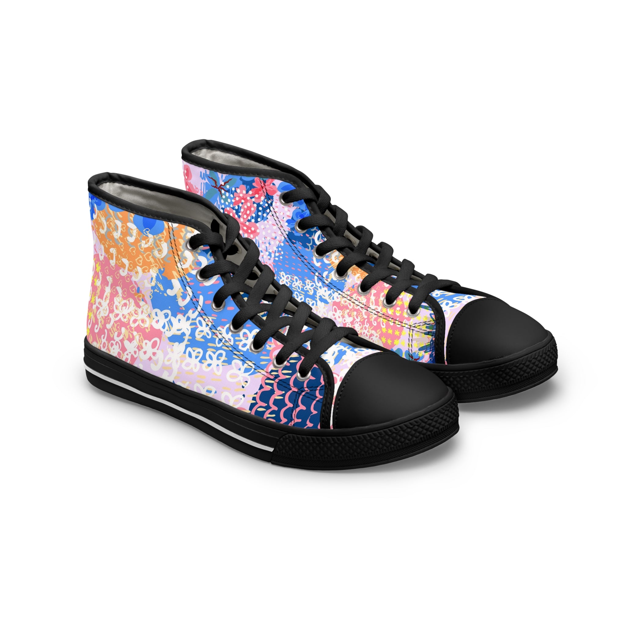 Flowers x Doodles x Hearts II Multi-Color Women's High Top Sneakers, Artsulli - Art is Long, Life is Short, Shoes, Size, US 5.5, Color, Black sole, , , 32484623977484171558