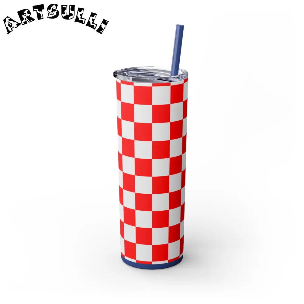 JAKKOUTTHEBXX Checkerboard Red and White Skinny Tumbler with Straw