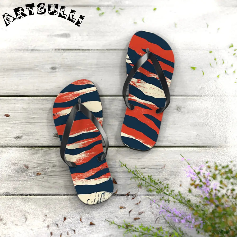 JAKKOUTTHEBXX Red White Blue Abstract Striped Flip Flops