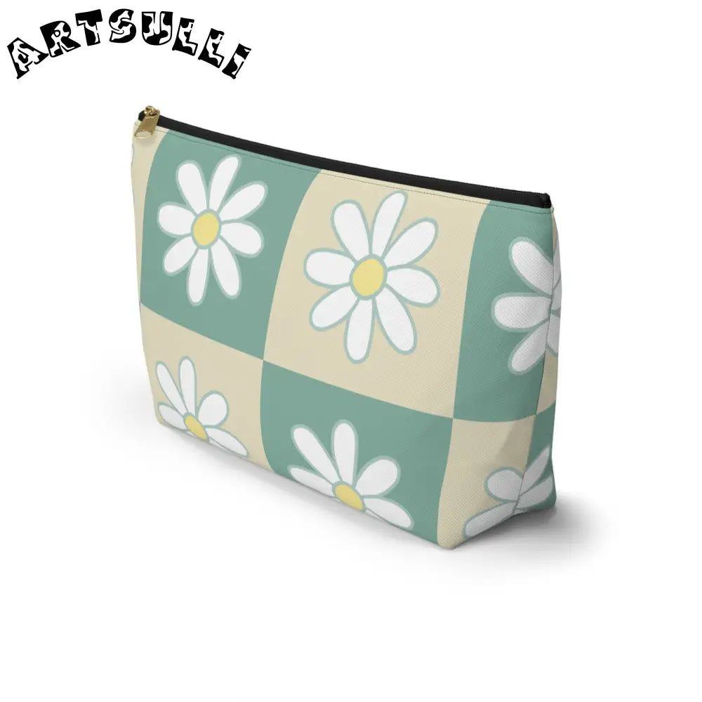 JAKKOUTTHEBXX Retro Daisy Checkerboard Green and Tan Accessory Pouch