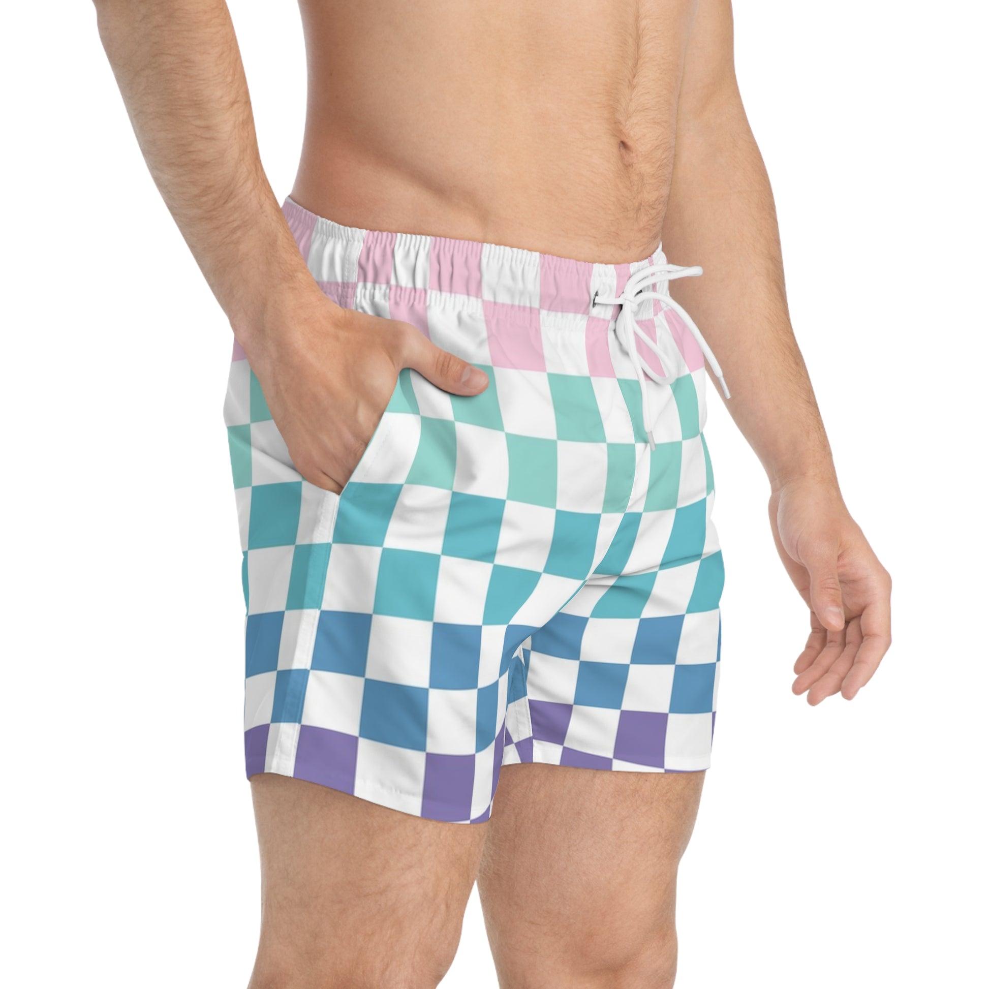 Vaporwave Rainbow  Checkerboard Multi-Color Swim Trunks (AOP), Artsulli - Art is Long, Life is Short, All Over Prints, , , , , , , 