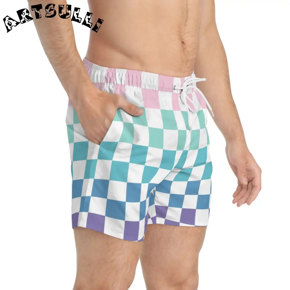 JAKKOUTTHEBXX Vaporwave Rainbow Checkerboard Multi-Color Swim Trunks