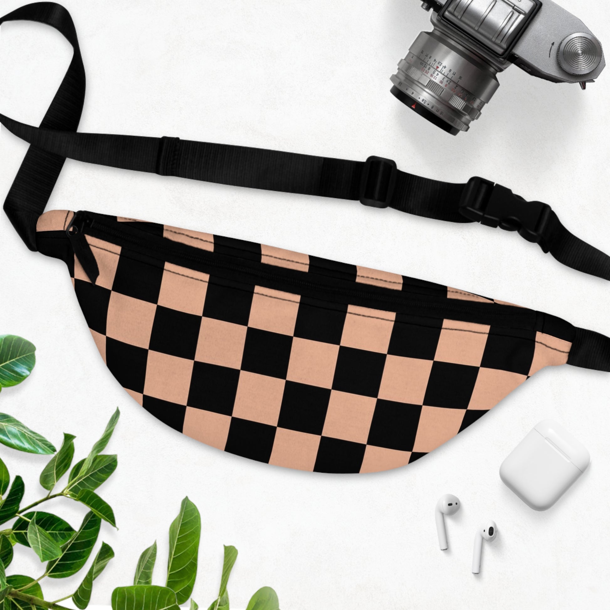 Checkerboard Soft Orange and Black Fanny Pack, Artsulli - Art is Long, Life is Short, Bags, , , , , , , 