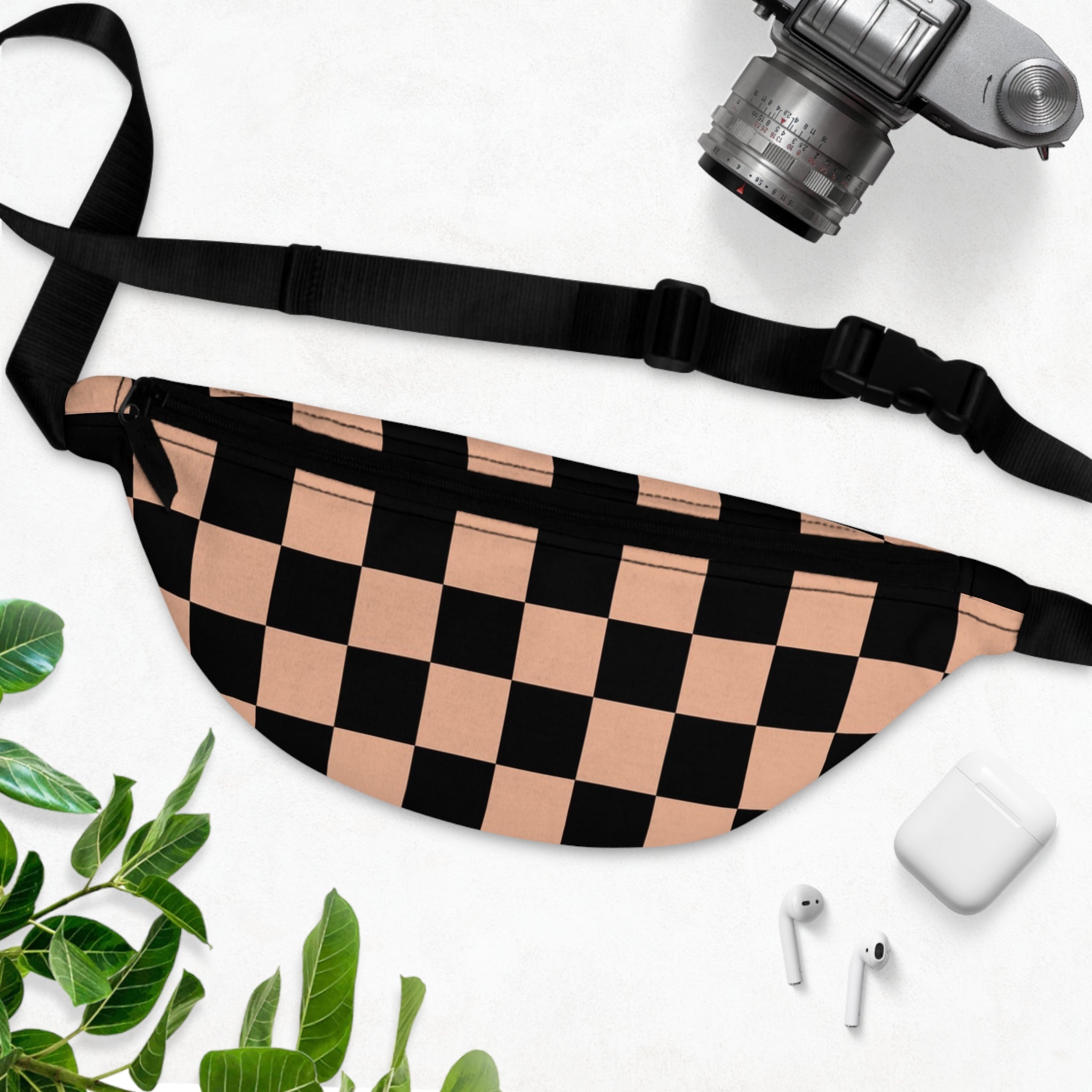 Checkerboard Soft Orange and Black Fanny Pack, Artsulli - Art is Long, Life is Short, Bags, , , , , , , 