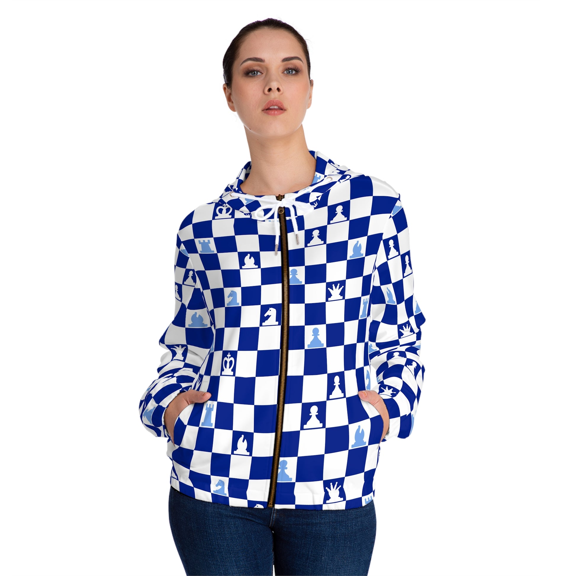 Chessboard Navy Blue Women’s Full-Zip Hoodie (AOP), Artsulli - Art is Long, Life is Short, All Over Prints, , , , , , , 