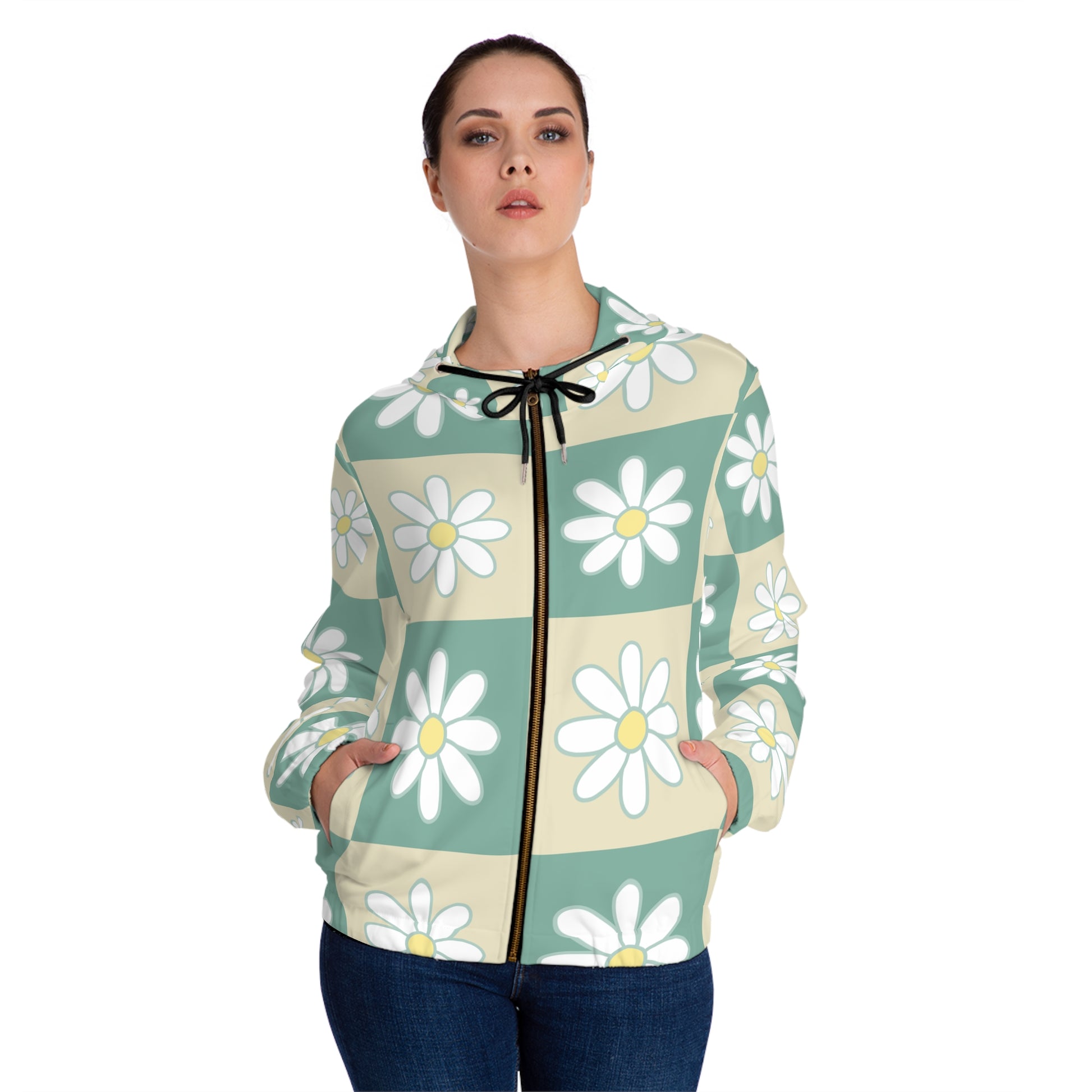 Retro Daisy Checkerboard Green and Tan Women’s Full-Zip Hoodie (AOP), Artsulli - Art is Long, Life is Short, All Over Prints, , , , , , , 