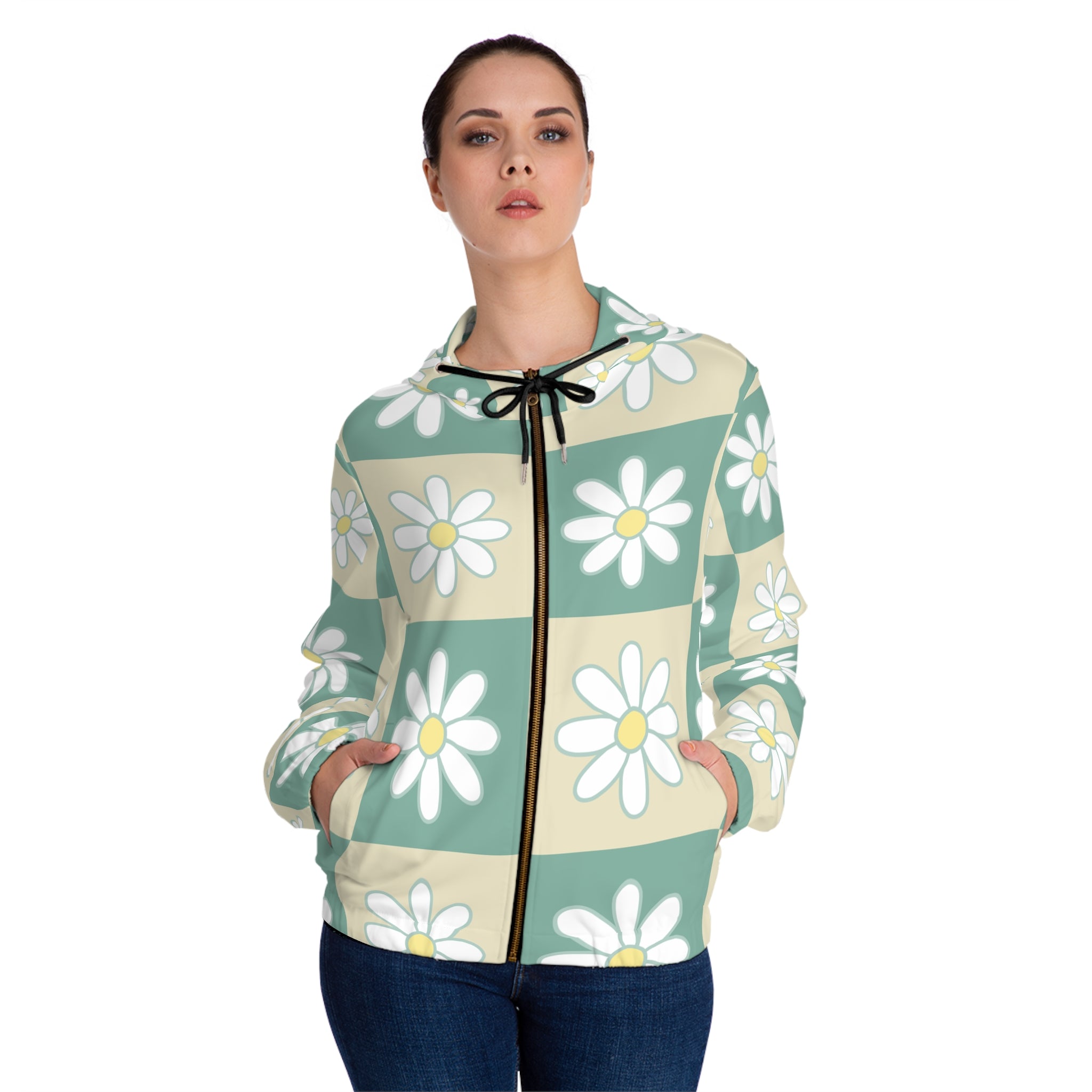 Retro Daisy Checkerboard Green and Tan Women’s Full-Zip Hoodie (AOP), Artsulli - Art is Long, Life is Short, All Over Prints, , , , , , , 