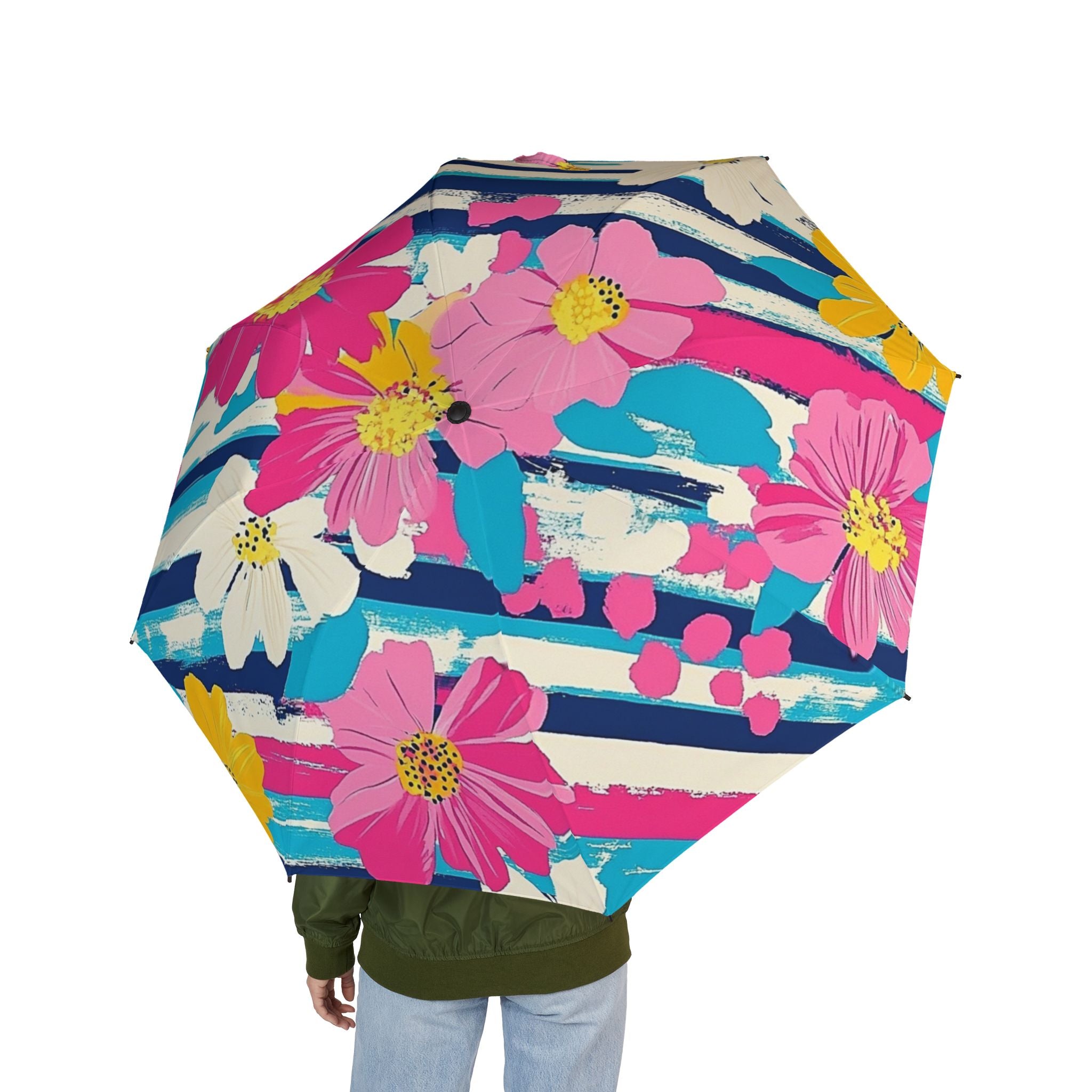 Dayglo Floral Stripes Multi-Color Semi-Automatic Foldable Umbrella, Artsulli - Art is Long, Life is Short, Accessories, , , , , , , 