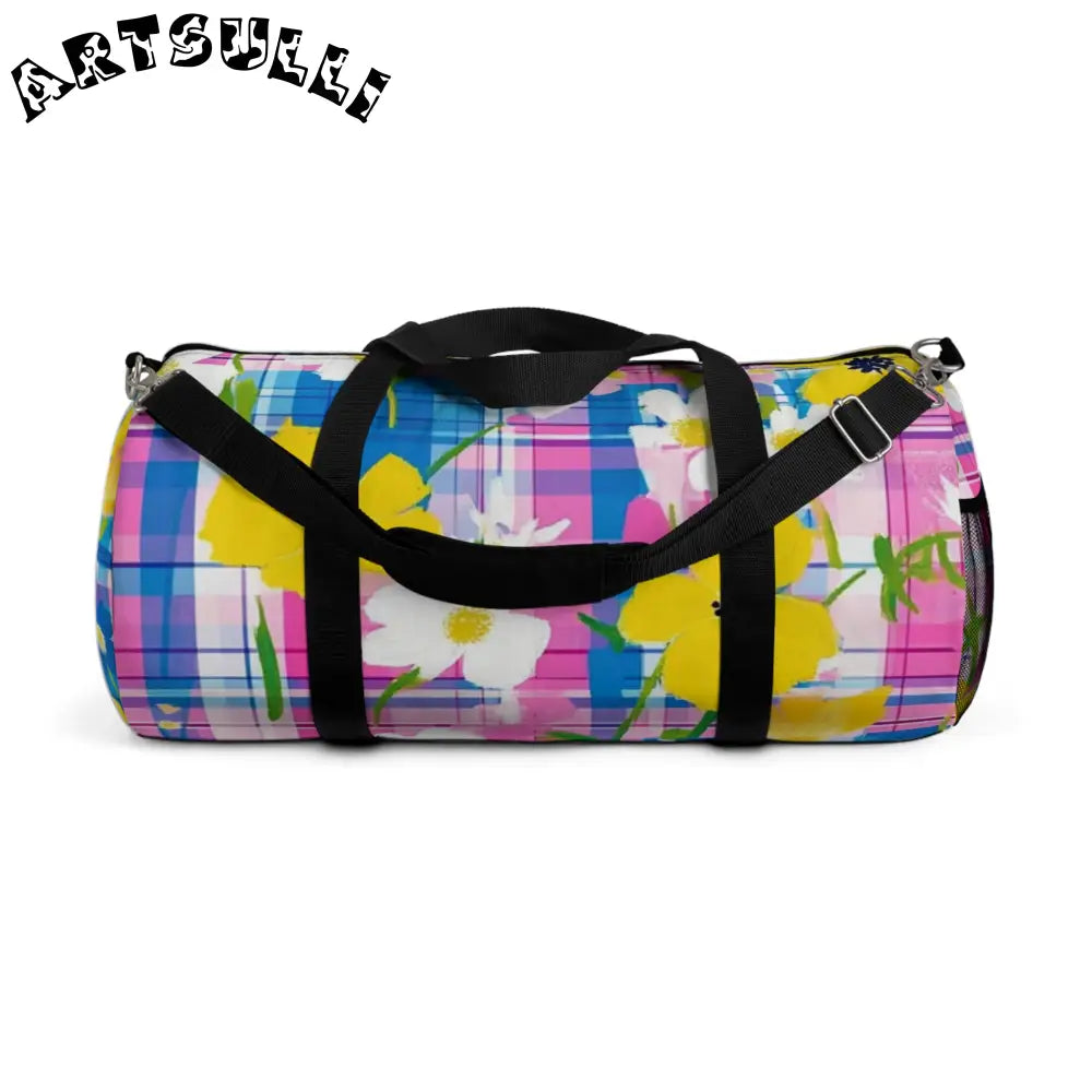 JAKKOUTTHEBXX Plaid Garden II Pink and Purple Duffel Bag