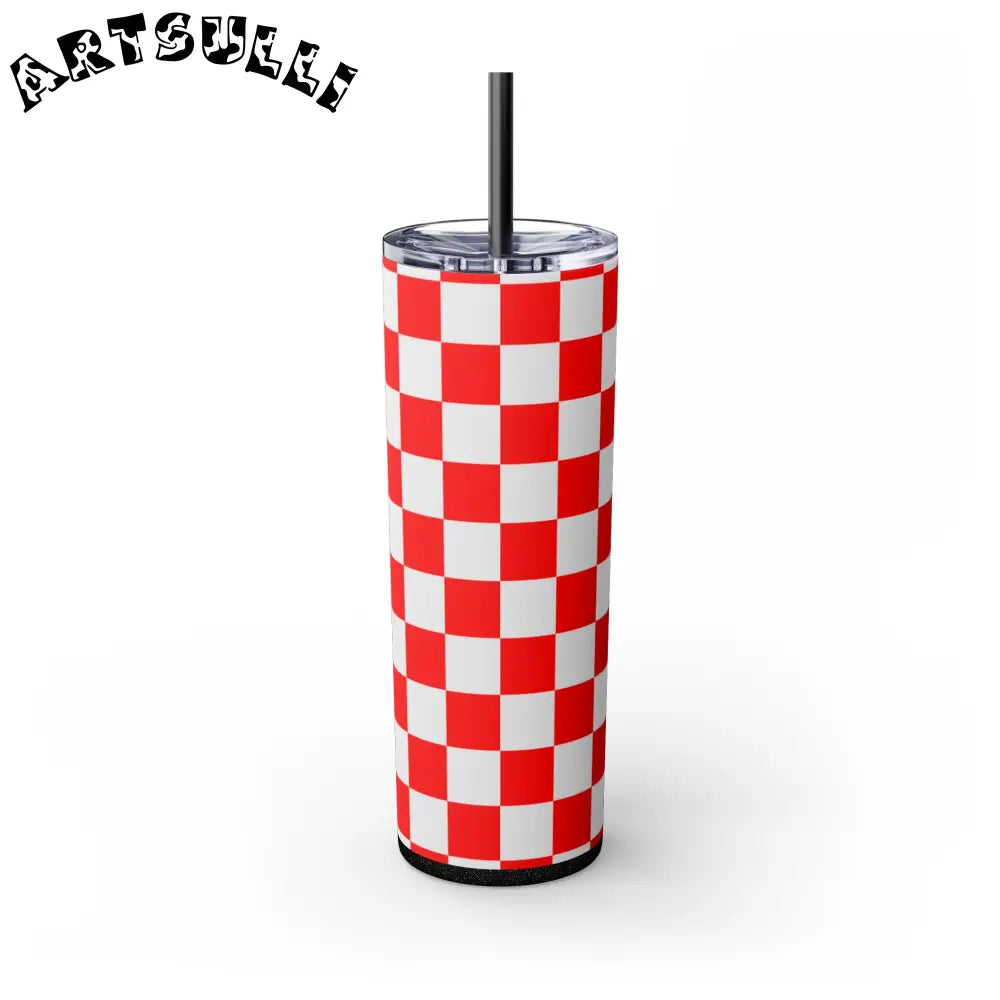 JAKKOUTTHEBXX Checkerboard Red and White Skinny Tumbler with Straw