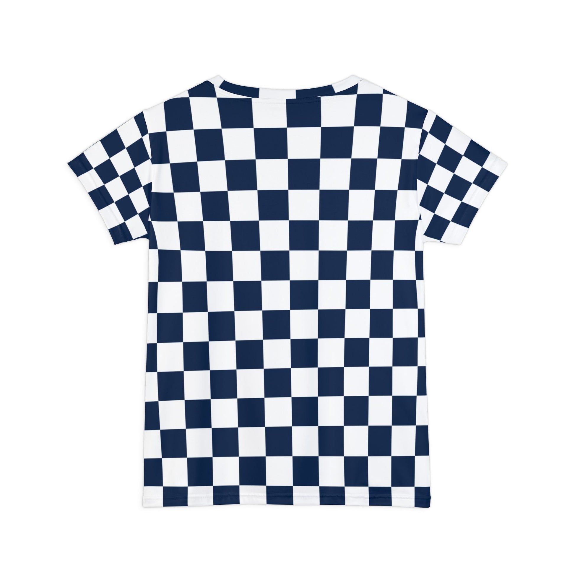 Checkerboard White and Navy Blue Women's Short Sleeve Shirt (AOP), Artsulli - Art is Long, Life is Short, All Over Prints, , , , , , , 