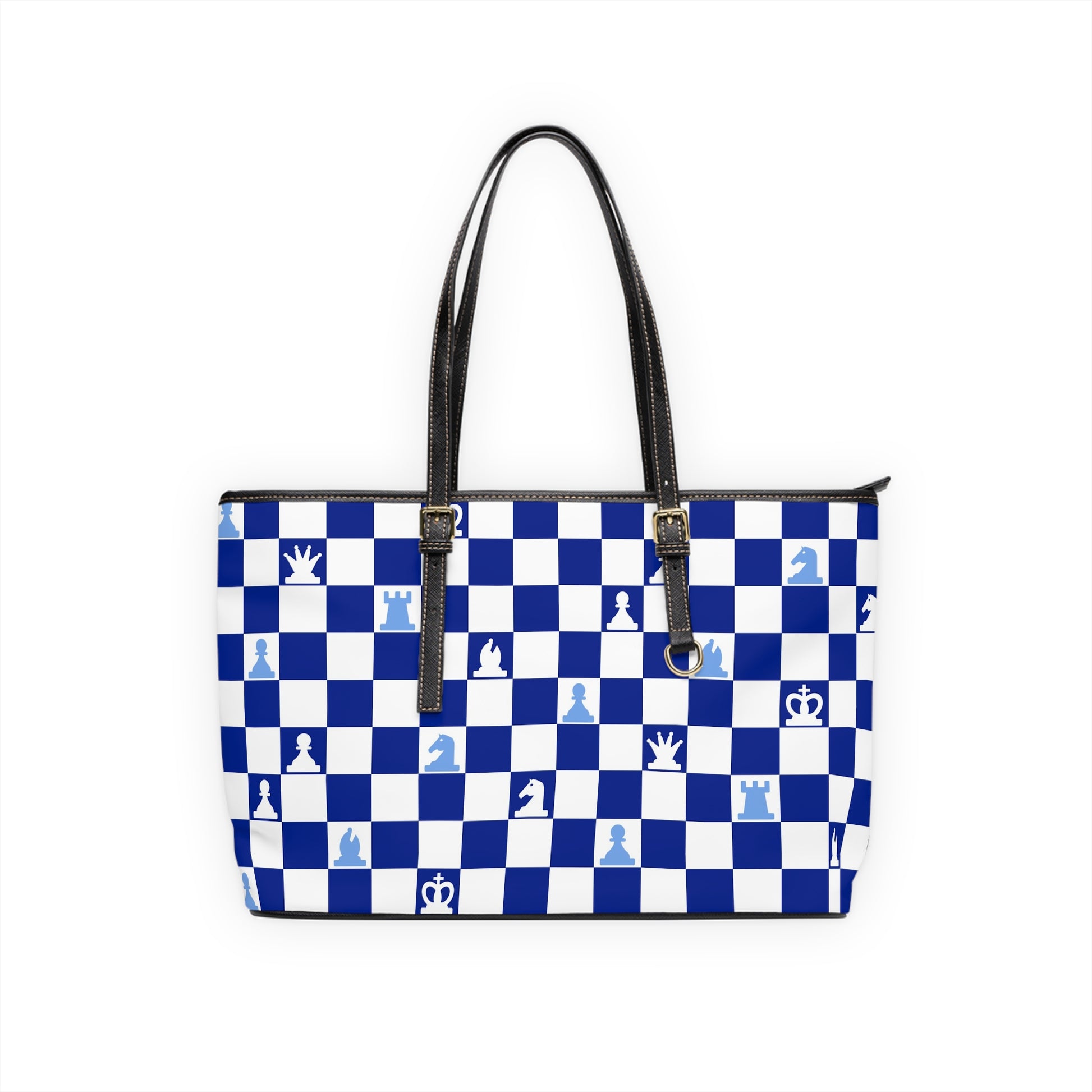 Chessboard Navy Blue PU Leather Shoulder Bag, Artsulli - Art is Long, Life is Short, Bags, Size, 17" x 11", Color, Black, , , 12823985658102091515