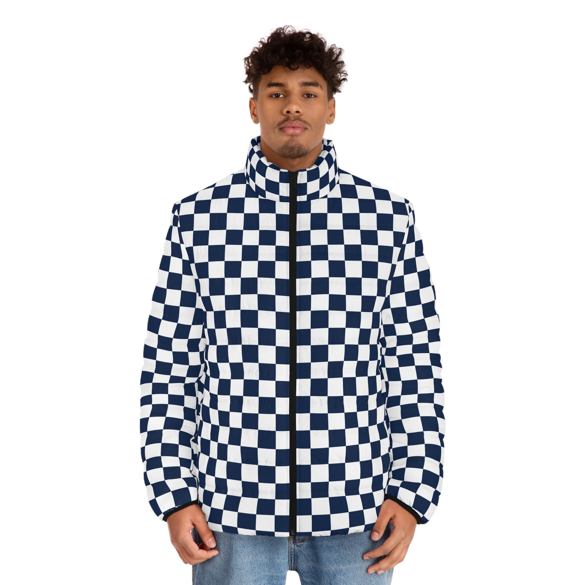 Checkerboard White and Navy Blue Men's Puffer Jacket (AOP), Artsulli - Art is Long, Life is Short, All Over Prints, , , , , , , 