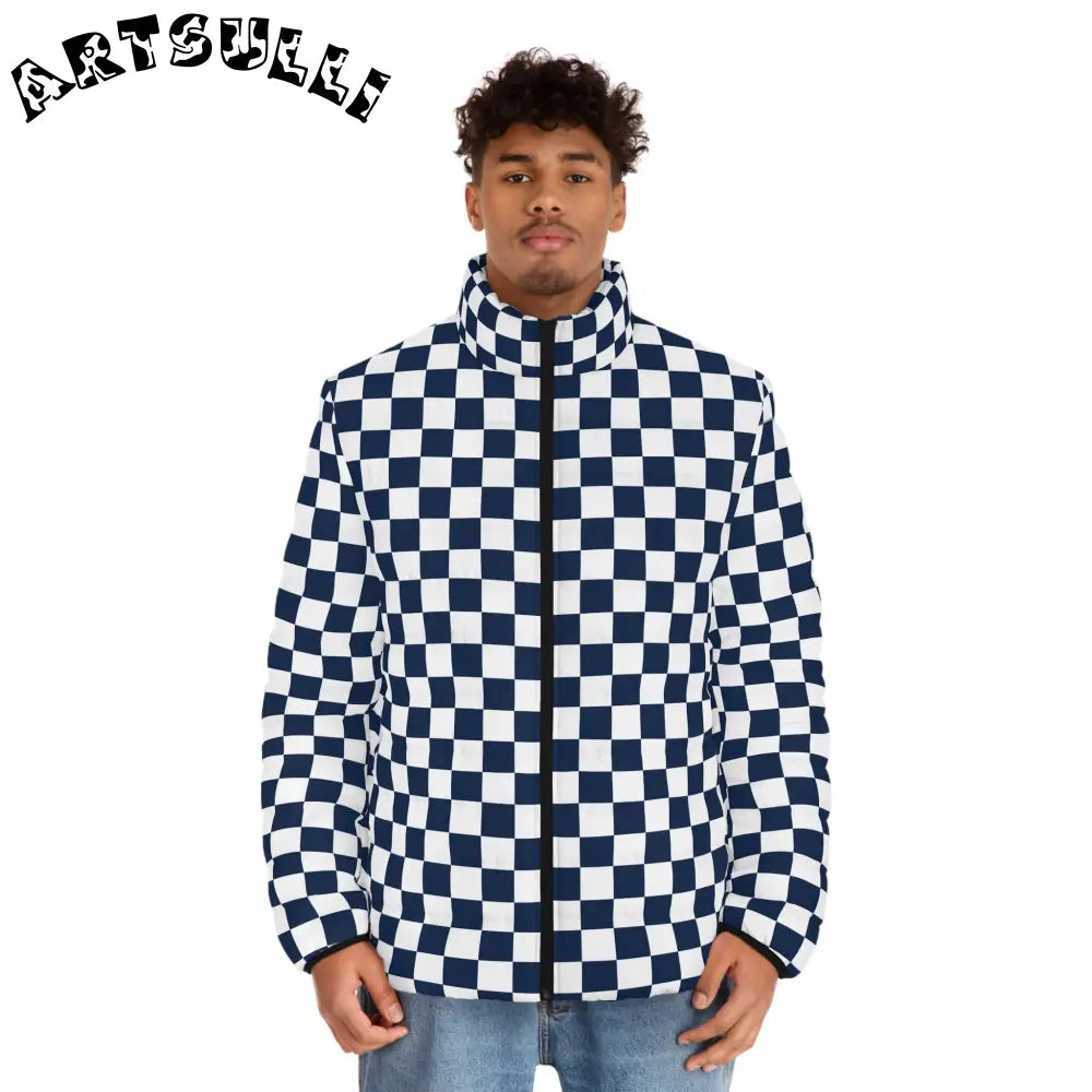 JAKKOUTTHEBXX Checkerboard White and Navy Blue Men’s Puffer Jacket