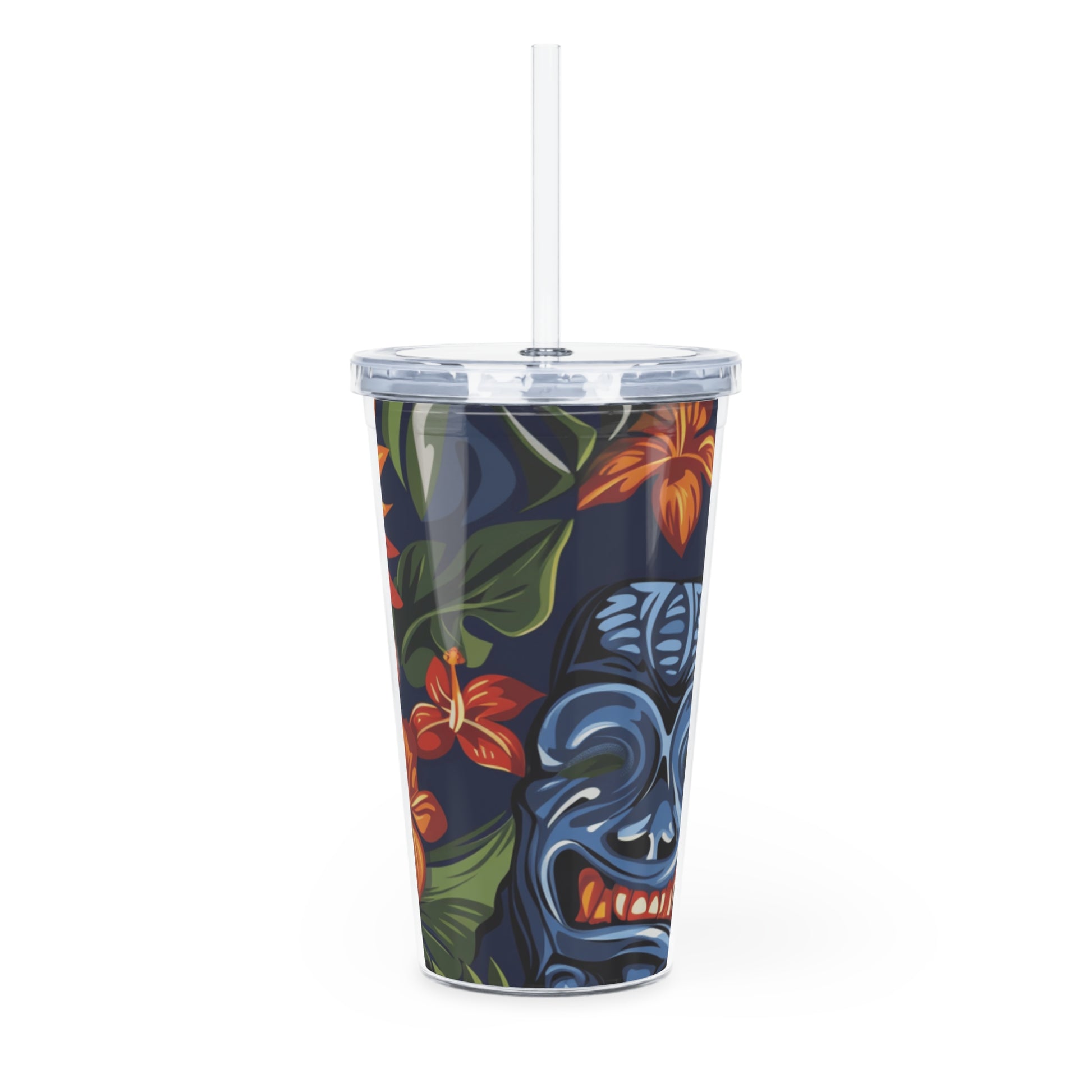 Tiki Bloom Navy Plastic Tumbler with Straw, Artsulli - Art is Long, Life is Short, Mug, , , , , , , 