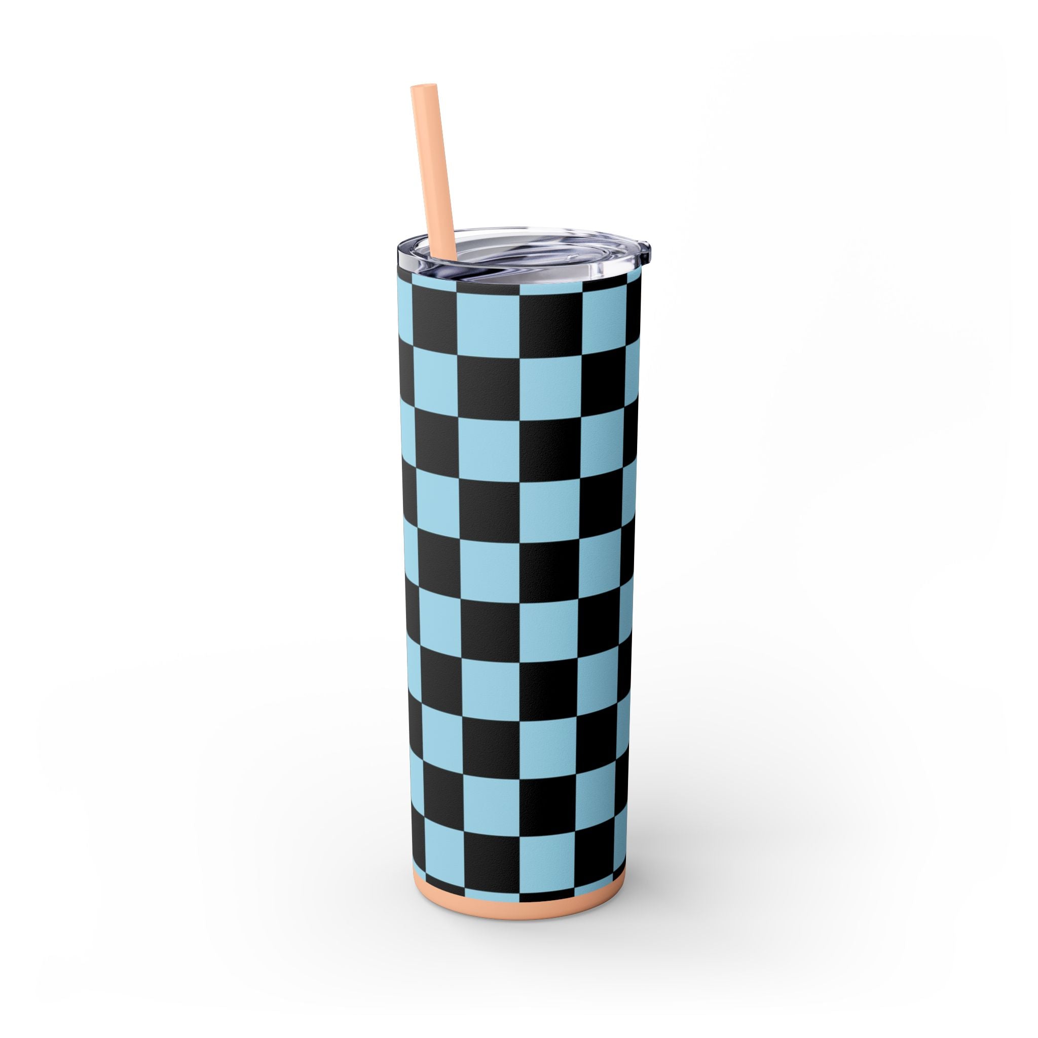 Checkerboard Black and Blue Skinny Tumbler with Straw, 20oz, Artsulli - Art is Long, Life is Short, Mug, , , , , , , 