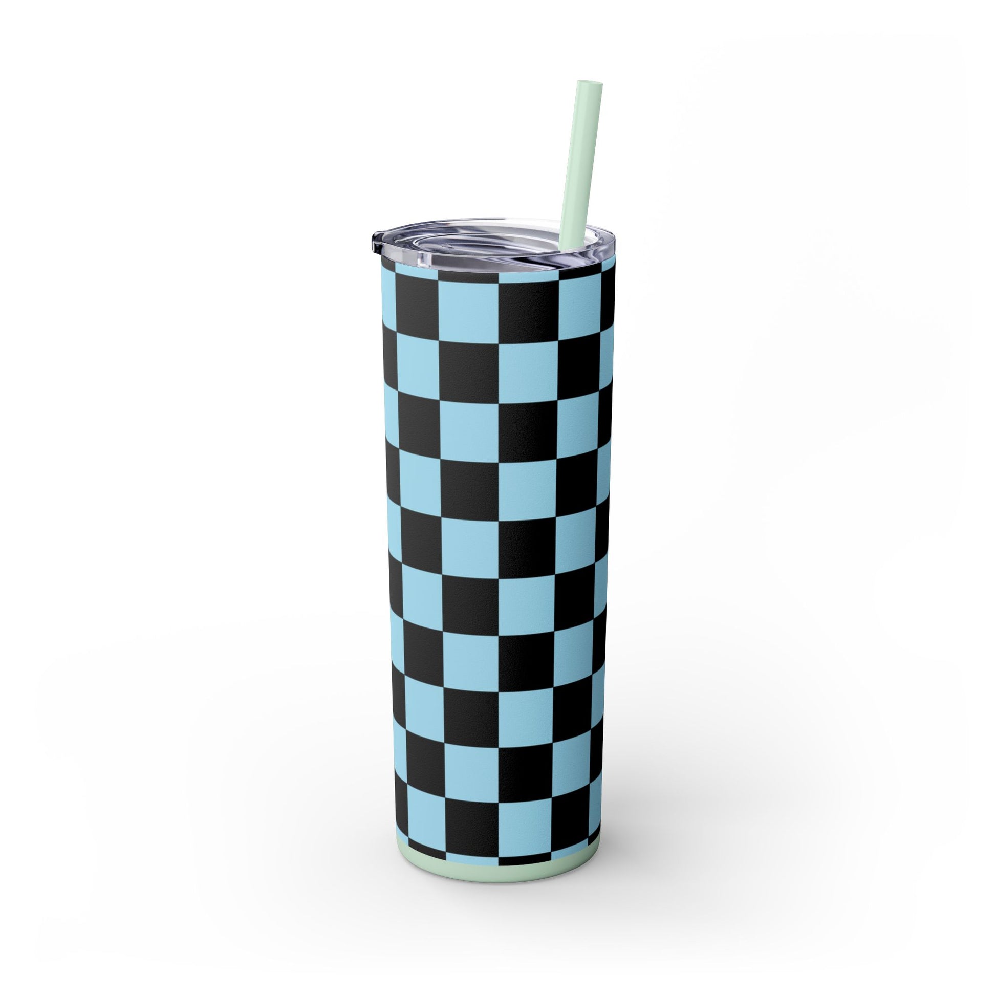 Checkerboard Black and Blue Skinny Tumbler with Straw, 20oz, Artsulli - Art is Long, Life is Short, Mug, , , , , , , 