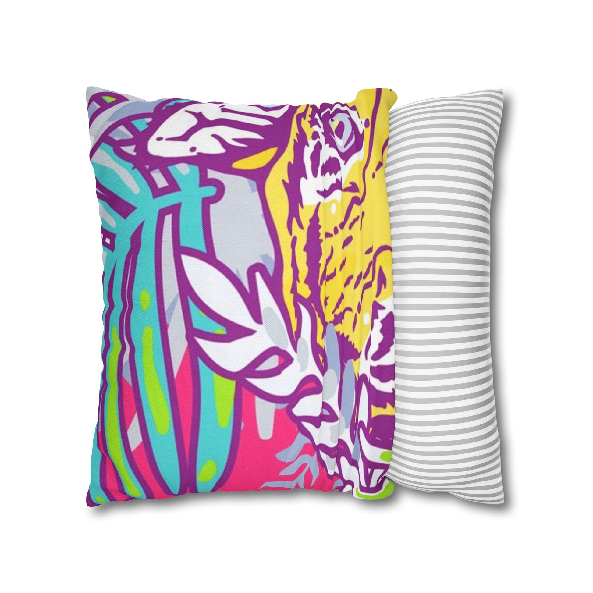 Tropical Floral Tigers Torquise and Purple Spun Polyester Square Pillowcase, Artsulli - Art is Long, Life is Short, Home Decor, , , , , , , 