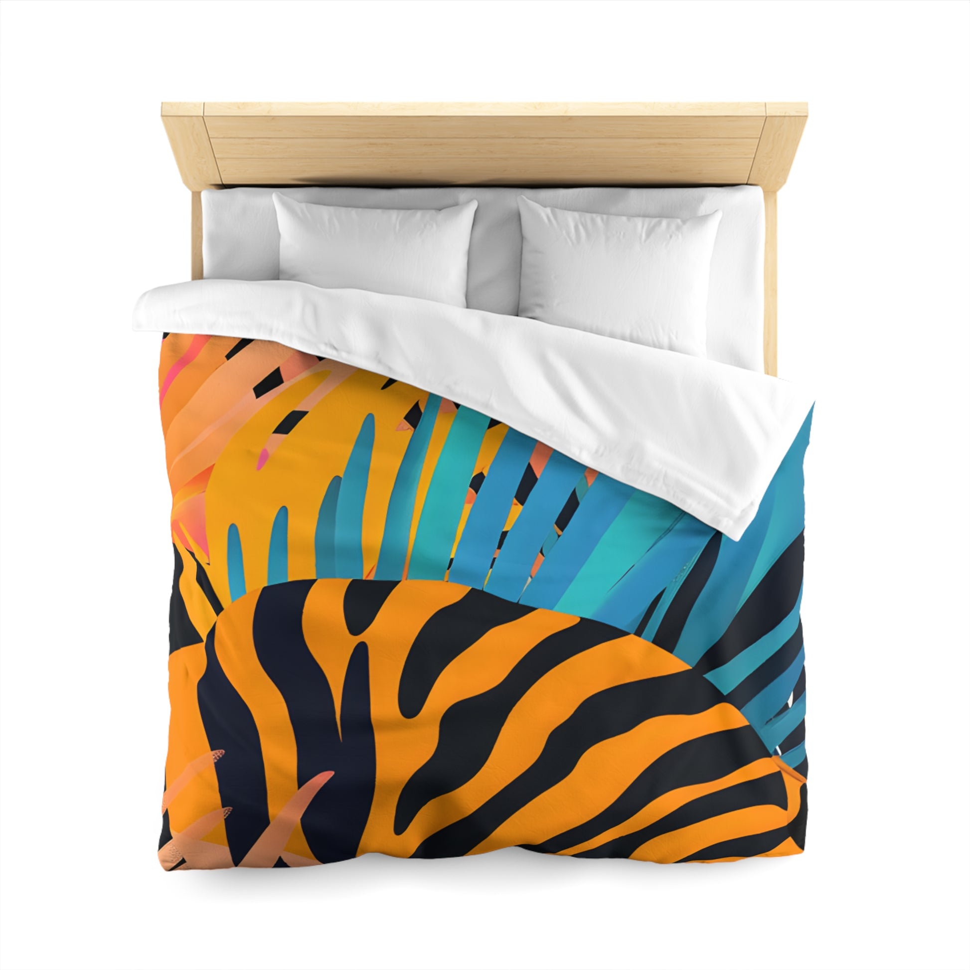 Palm Leaves x Zebra Stripes x  Tiger Stripes Orange and Blue  Microfiber Duvet Cover, Artsulli - Art is Long, Life is Short, Home Decor, , , , , , , 