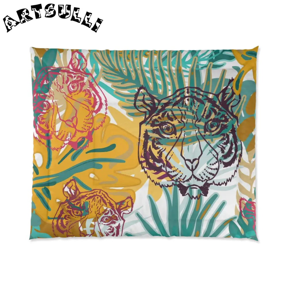 JAKKOUTTHEBXX Tropical Jungle Tigers Brown and Green Comforter