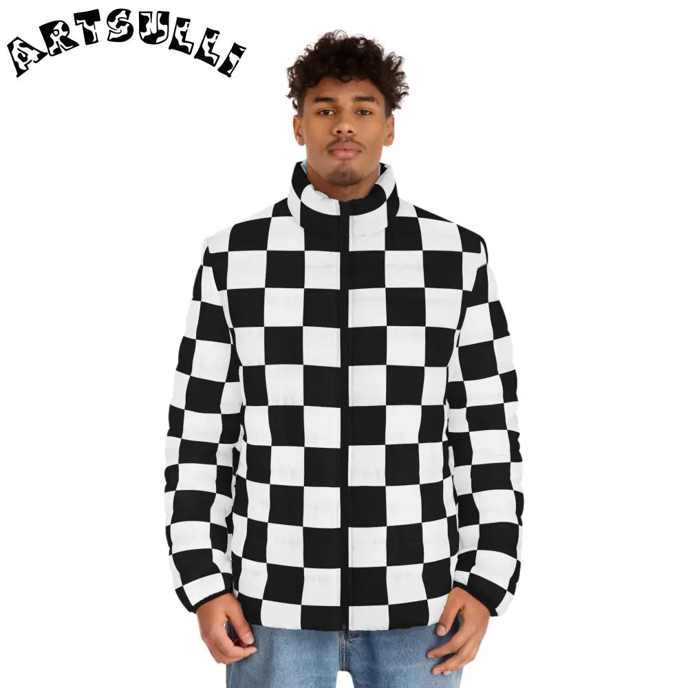JAKKOUTTHEBXX Checkerboard Black and White Men’s Puffer Jacket (AOP)
