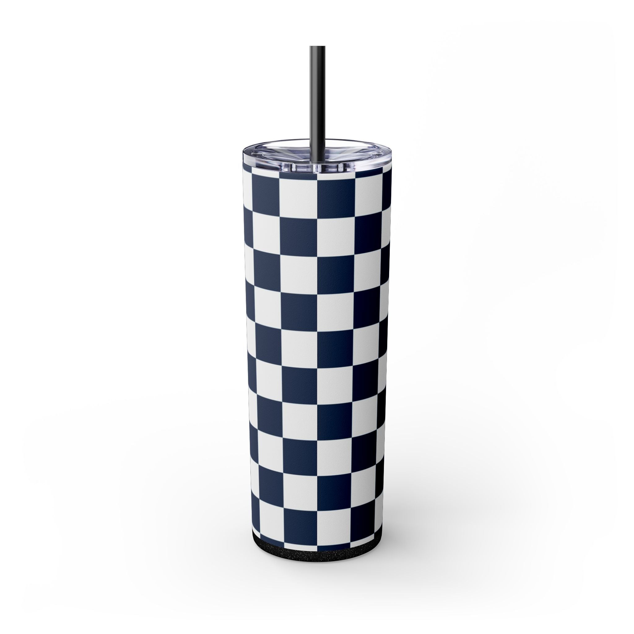 Checkerboard White and Navy Blue Skinny Tumbler with Straw, 20oz, Artsulli - Art is Long, Life is Short, Mug, , , , , , , 
